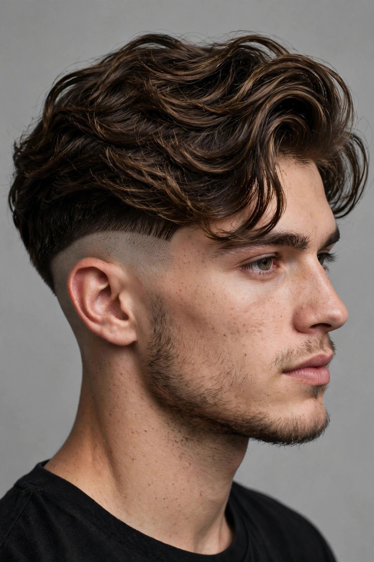 Wavy undercut haircut men, long wavy top with disconnected short undercut sides