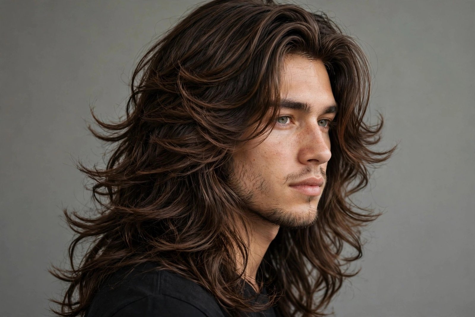 Wavy long layered haircut men, flowing layered waves with natural volume