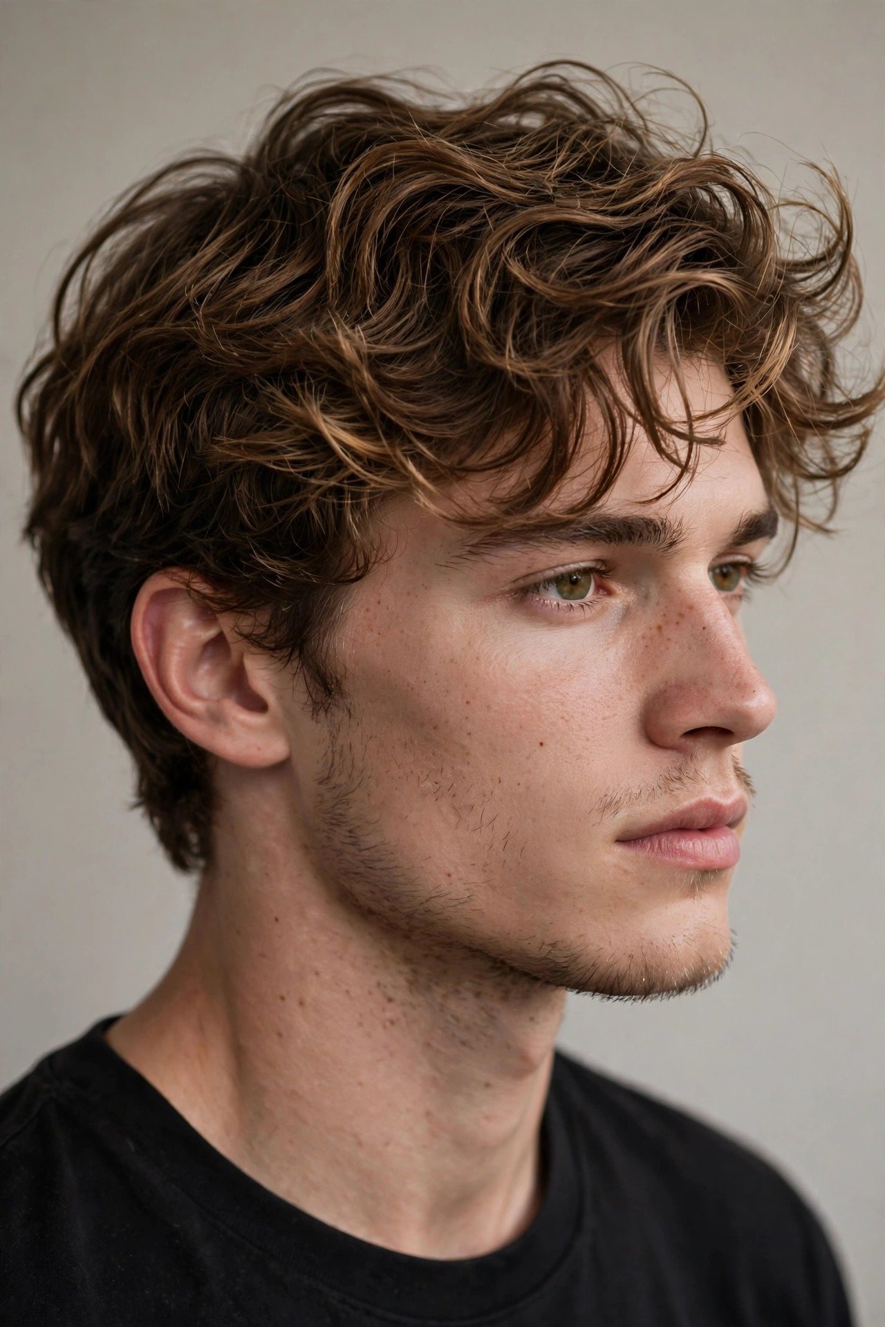 Wavy messy top haircut men, tousled textured waves with effortless undone volume