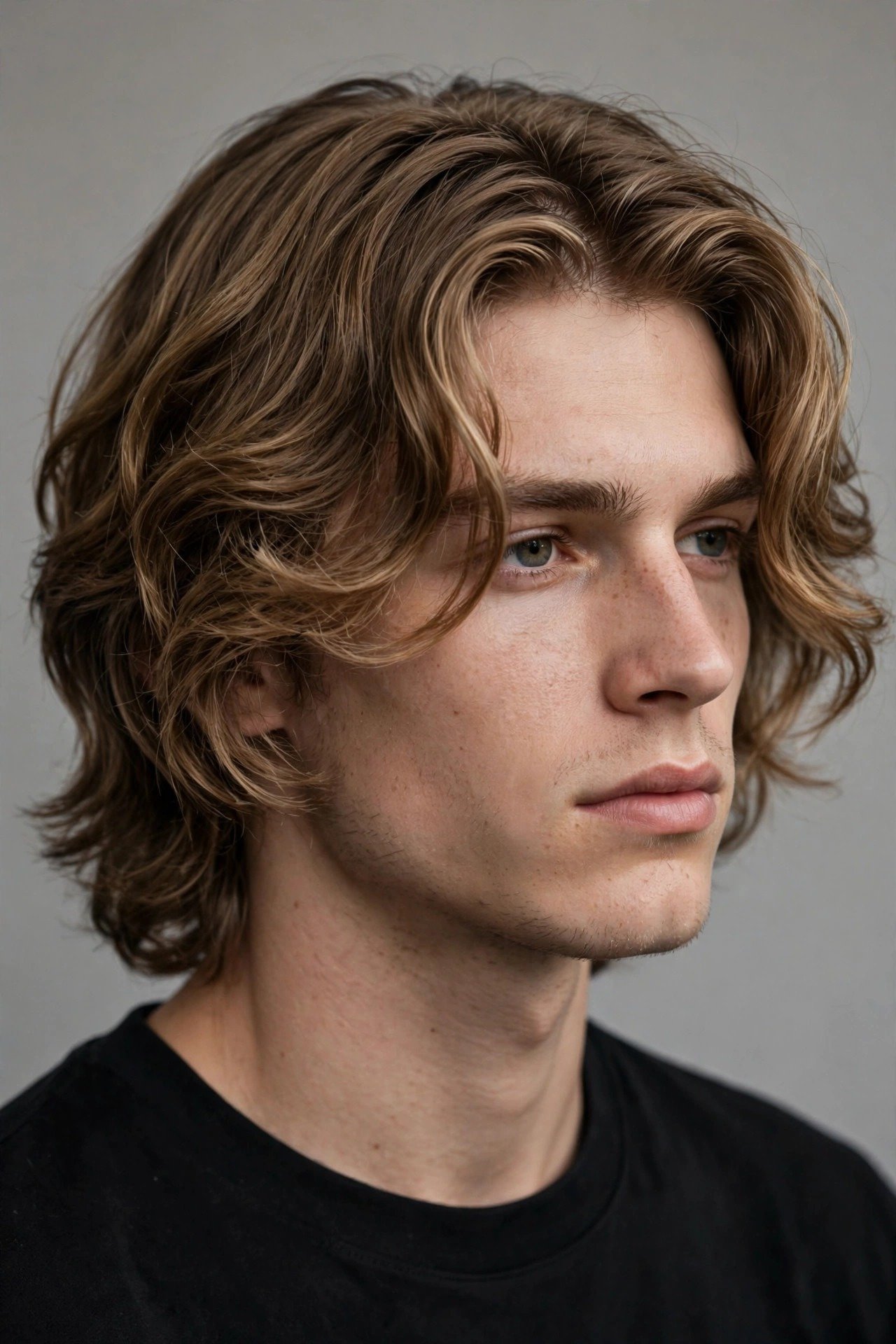 Wavy curtain bangs haircut men, soft center parted wavy curtains framing the face