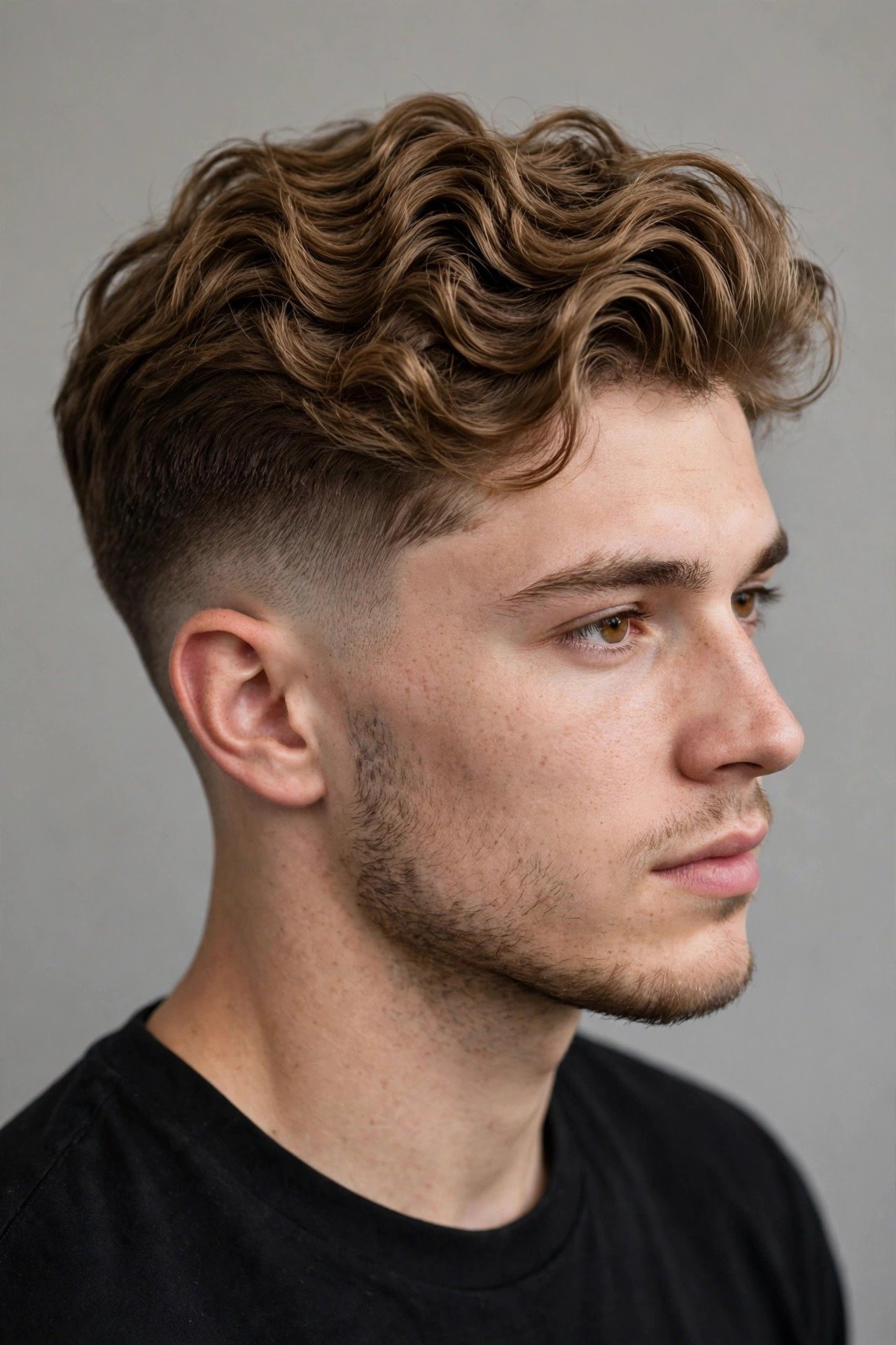 Soft wavy faux hawk haircut men, textured wavy strip with faded sides