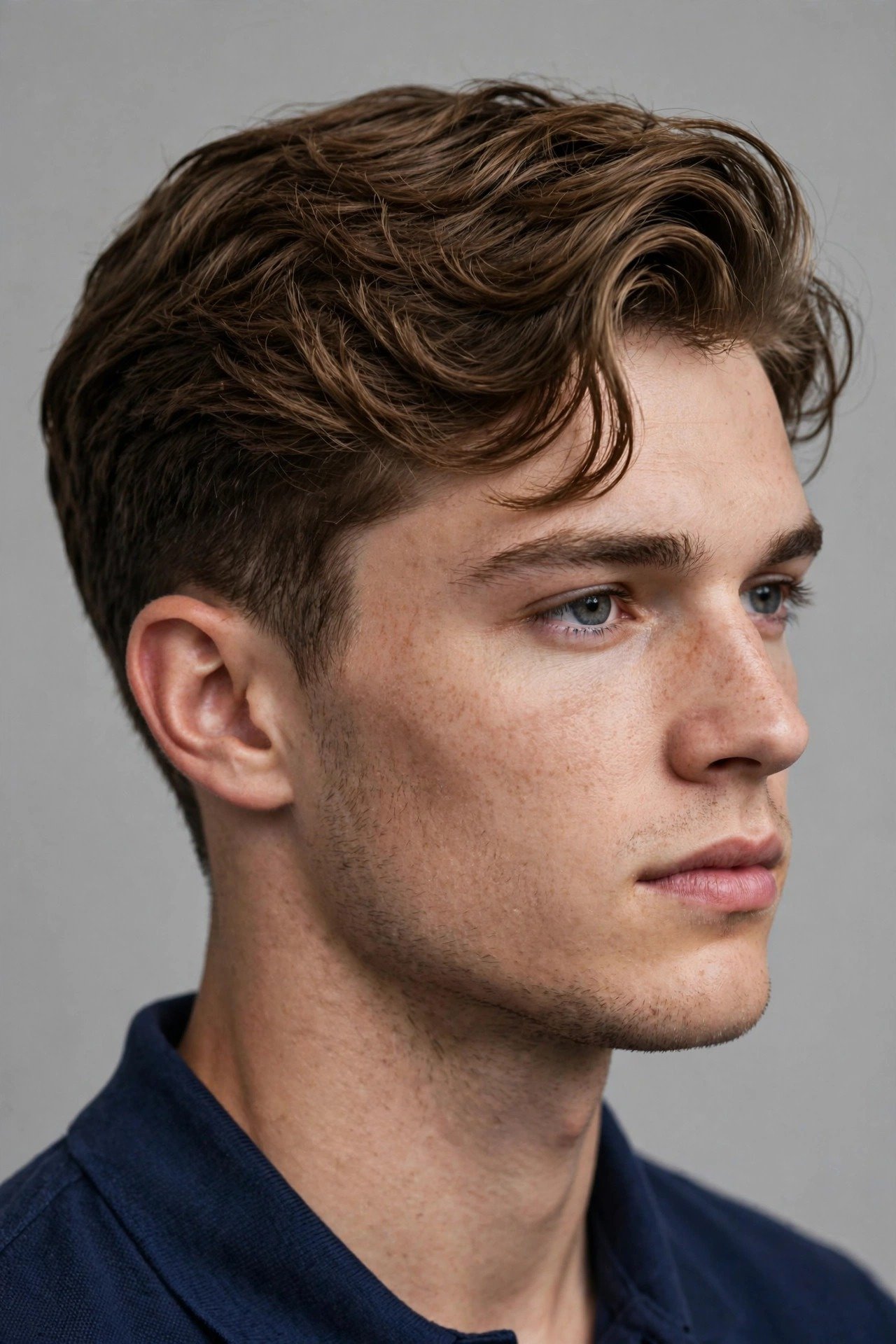 Wavy ivy league haircut men, neat short wavy top with classic side sweep