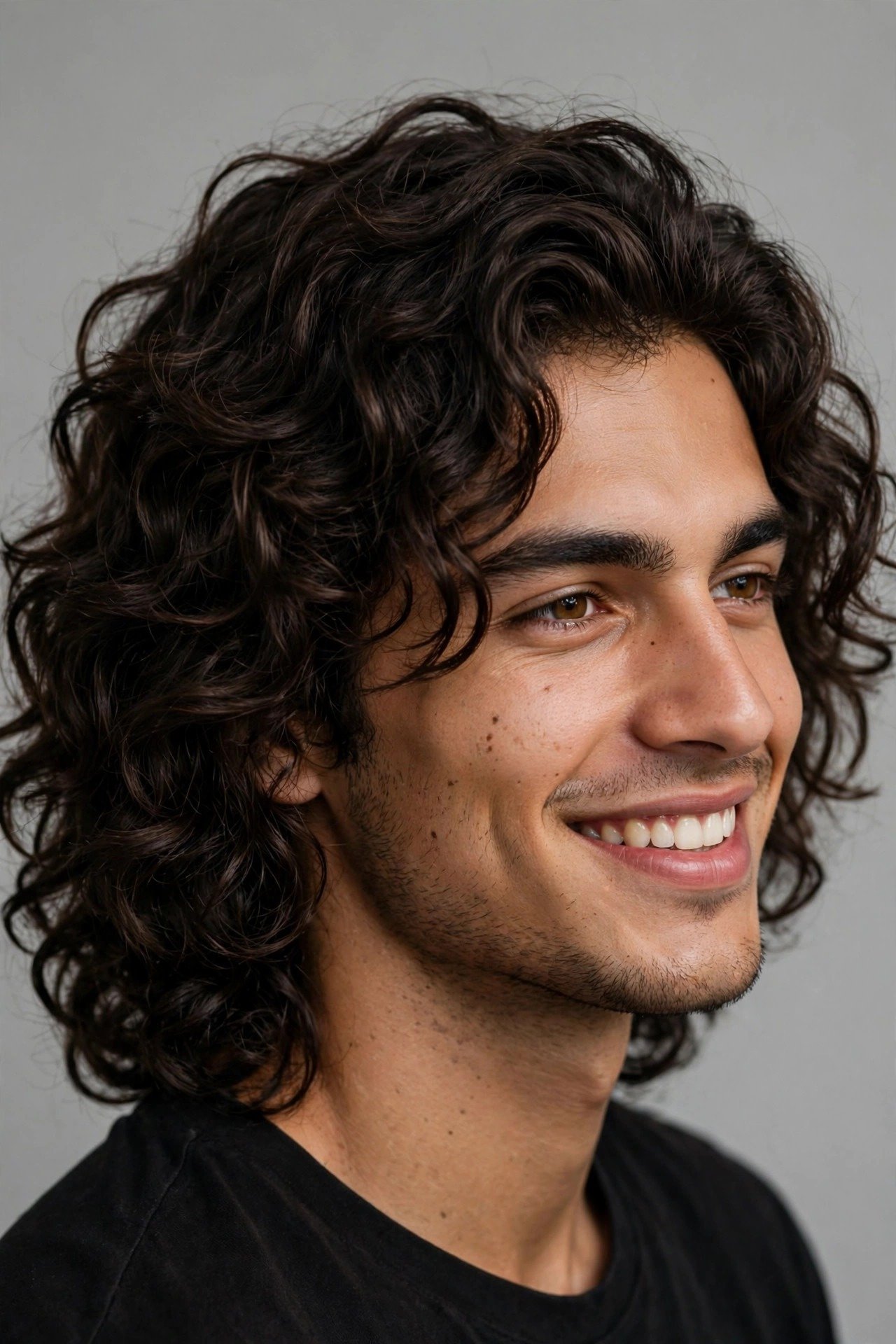 Portrait of young man with healthy defined natural waves, confident smile