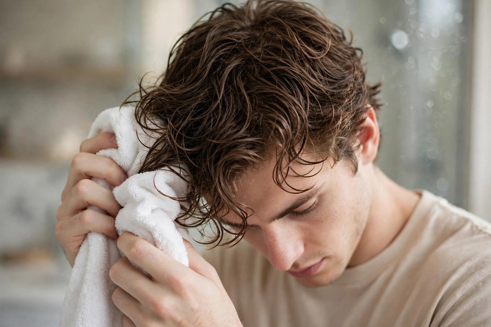 Man scrunching wavy hair with microfiber towel, frizz-free wavy styling routine