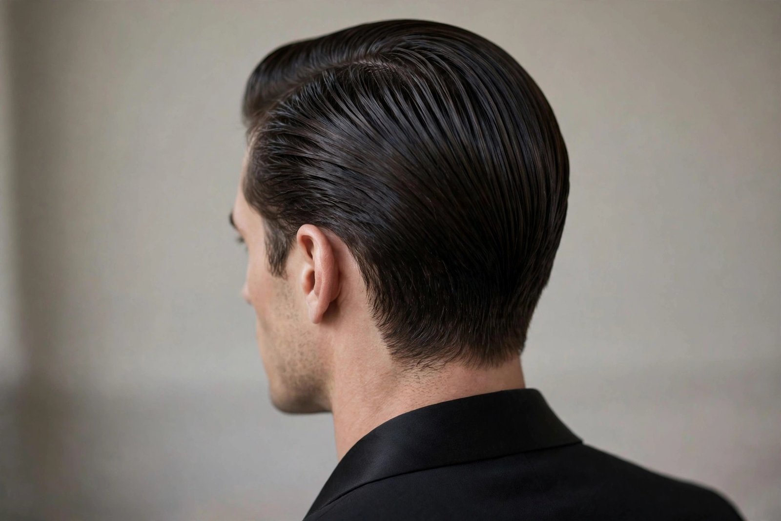 Sleek slicked-back wedding hairstyle for men with glossy formal finish