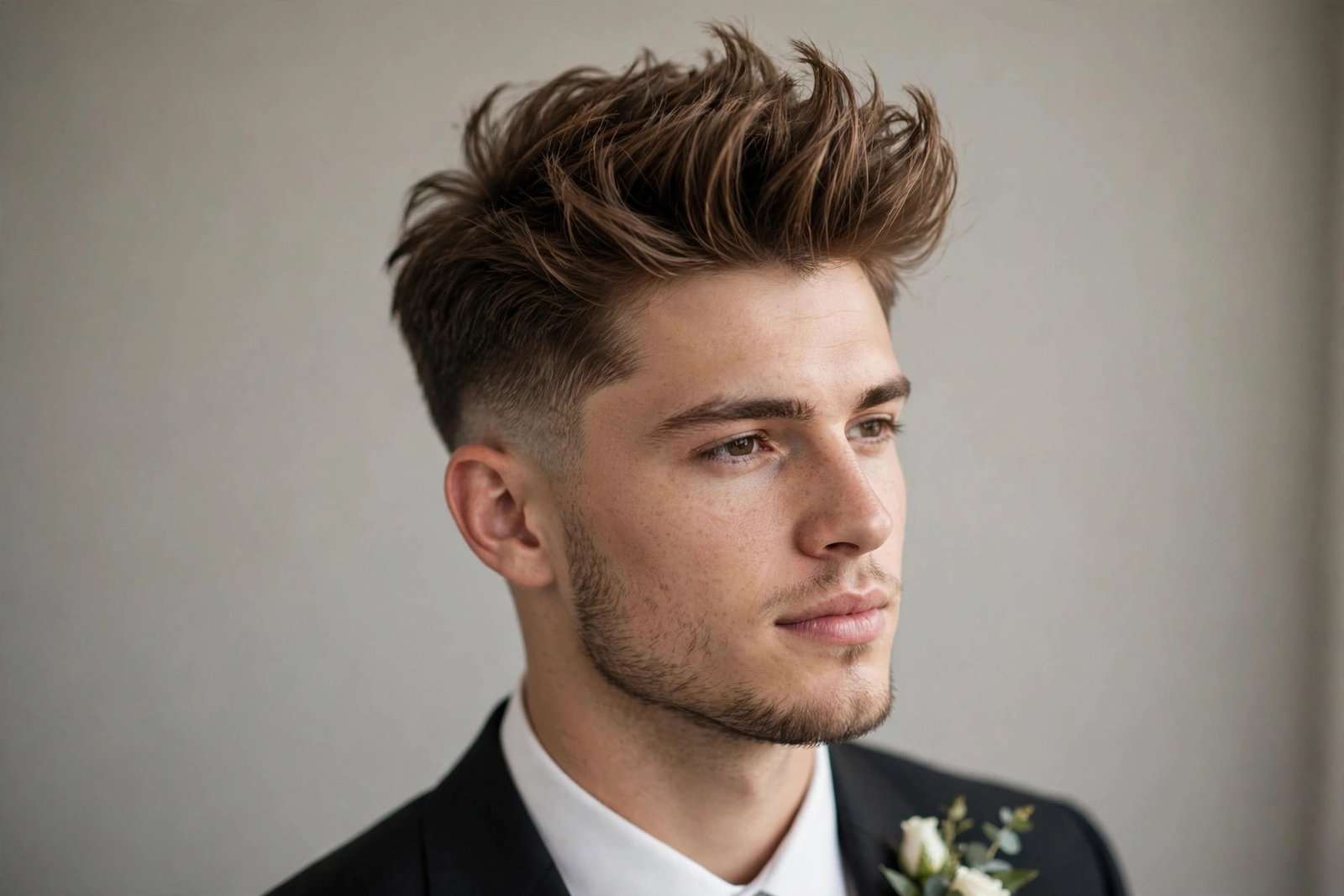 Textured quiff wedding hairstyle for men with volume and natural movement