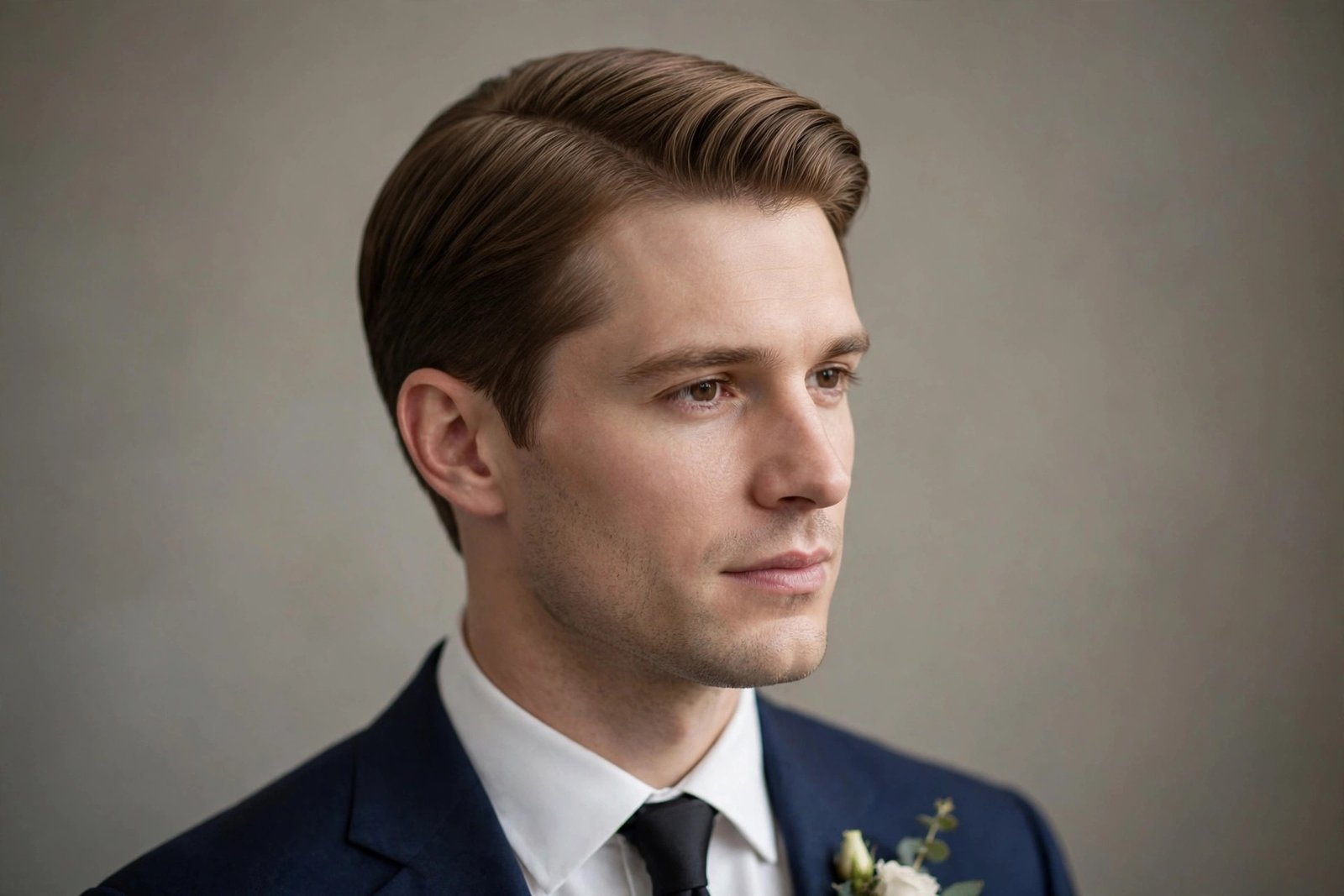 Ivy League wedding haircut for men, short neat top with tapered sides