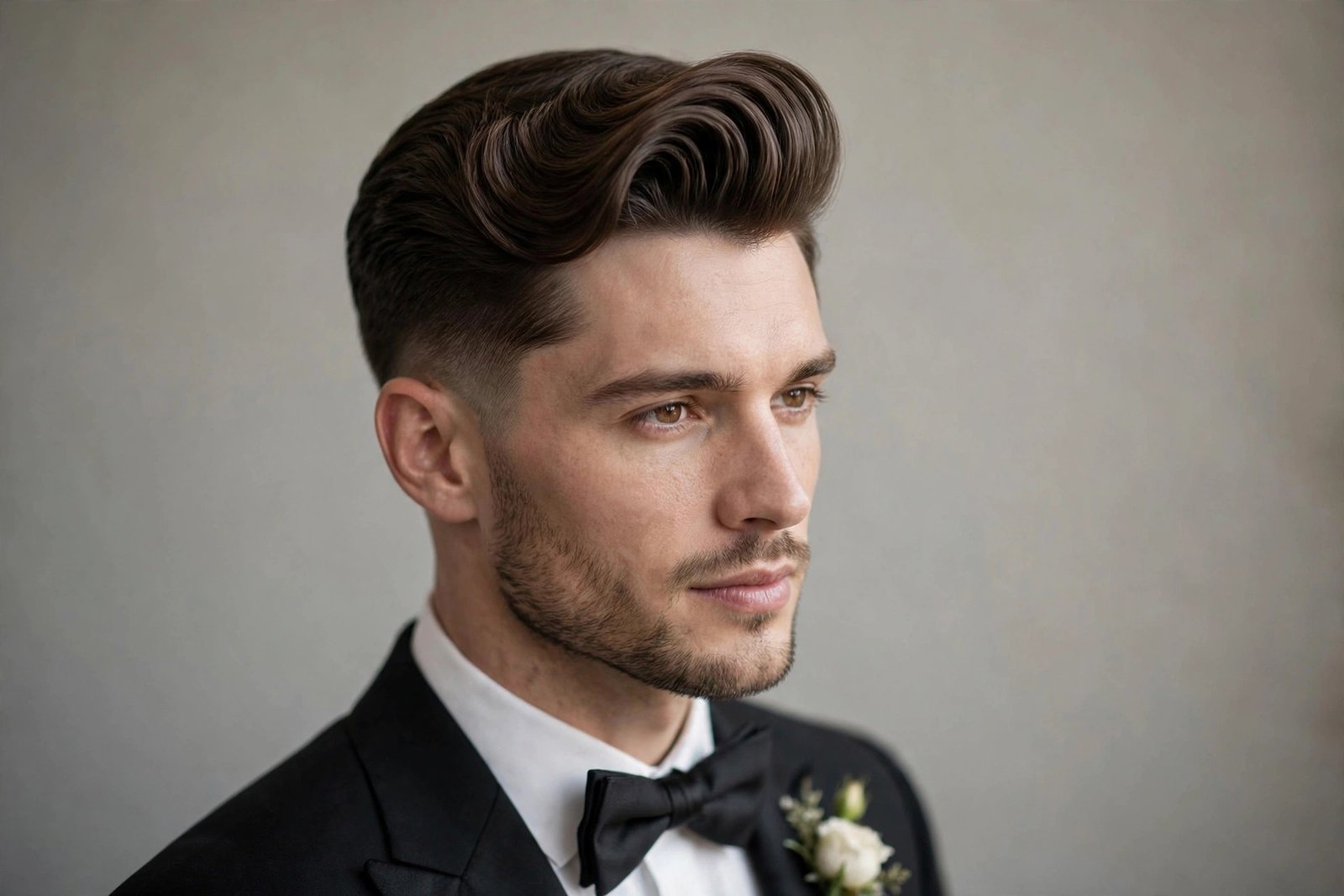 Polished pompadour wedding hairstyle for men with sculpted height at the front