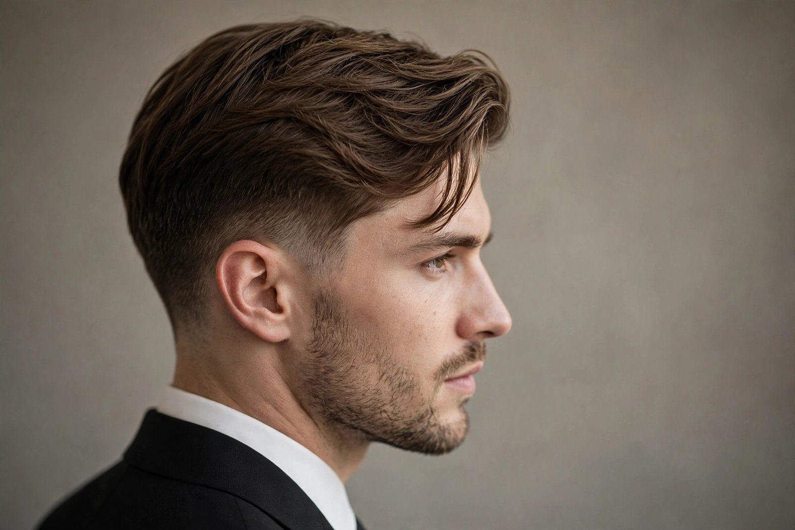 Soft taper fade with side sweep wedding hairstyle for men