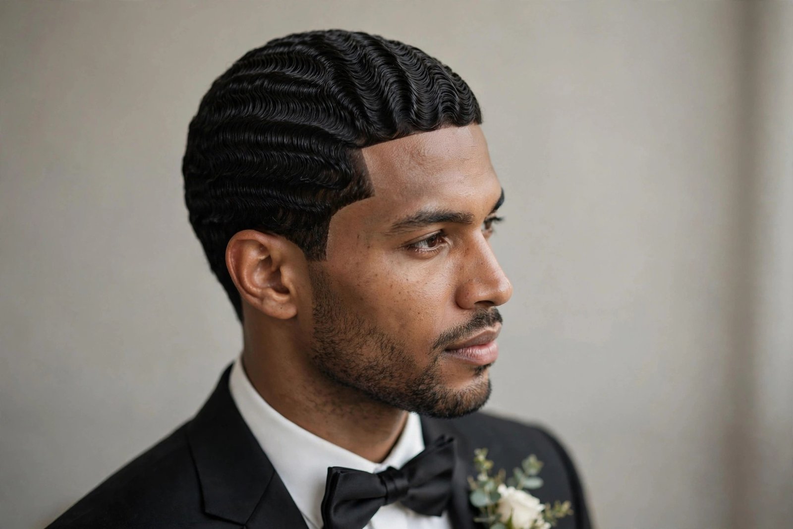 360 waves wedding hairstyle for men with crisp lineup and deep wave pattern