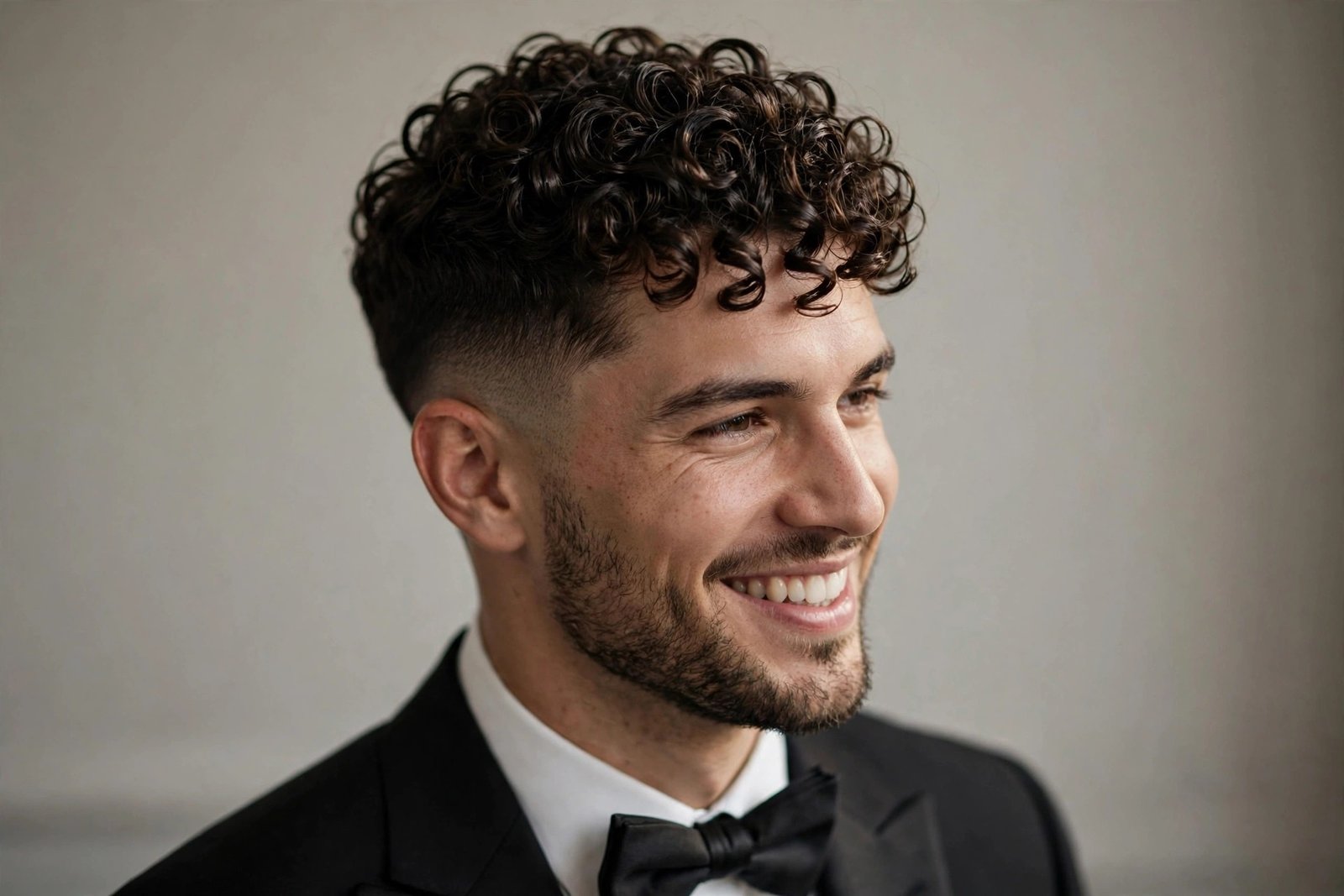 Curly taper wedding hairstyle for men with defined curls and clean tapered sides