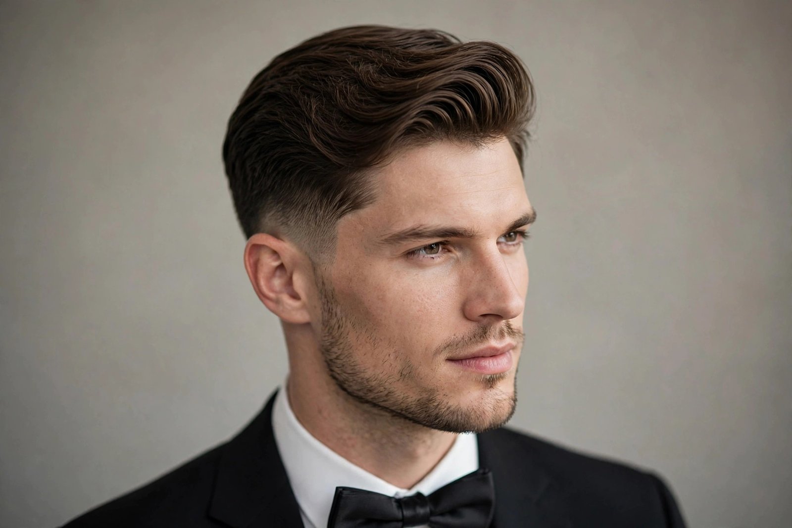 Modern comb over wedding hairstyle for men with faded sides