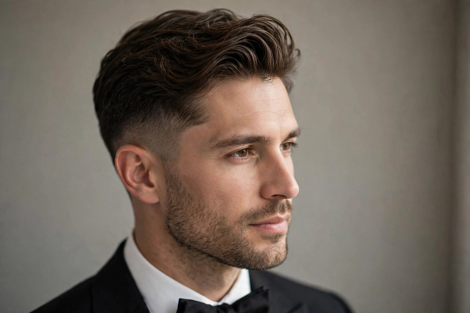 Low fade with brushed-back top wedding hairstyle for men