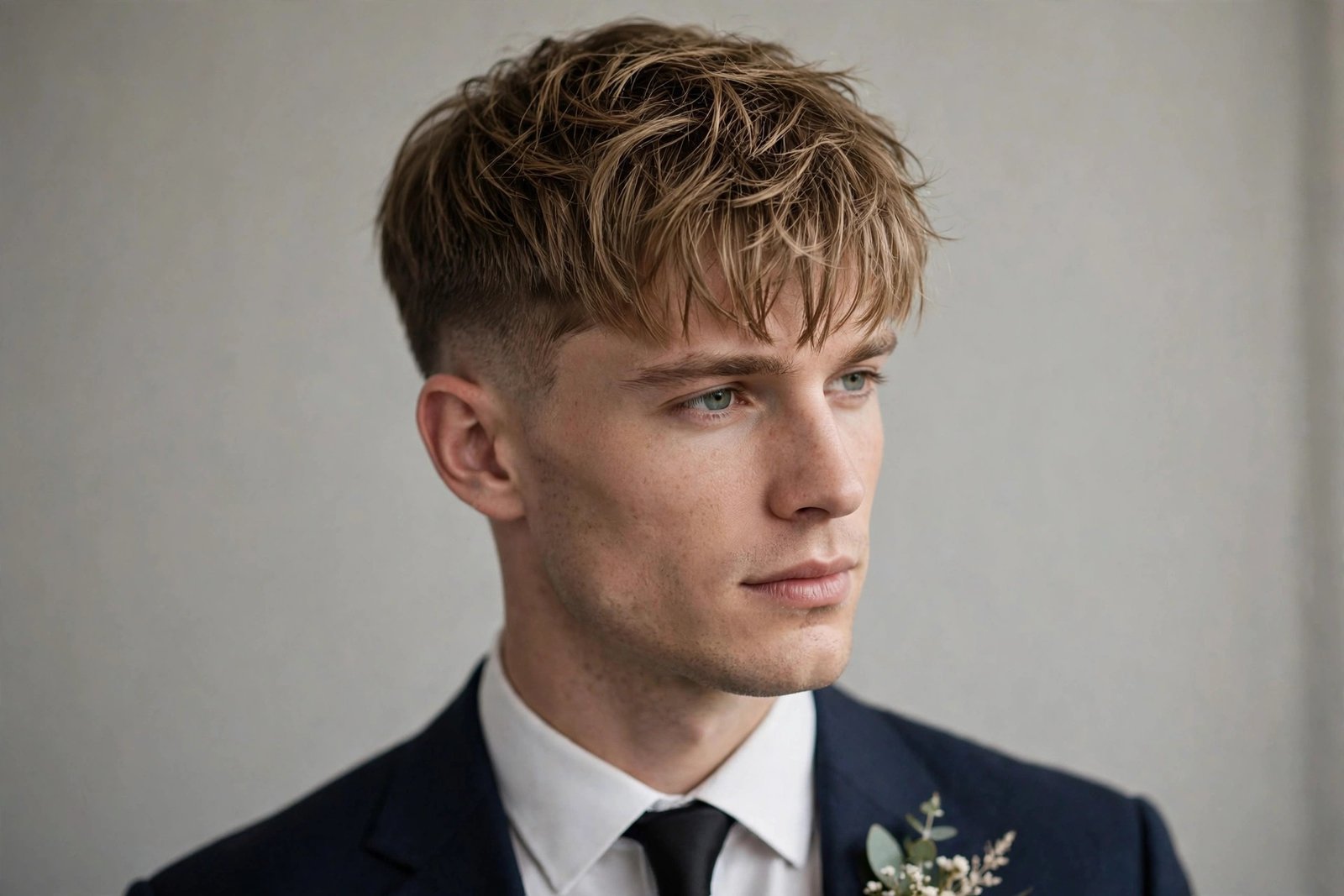 Gentleman's crop wedding hairstyle for men with textured fringe