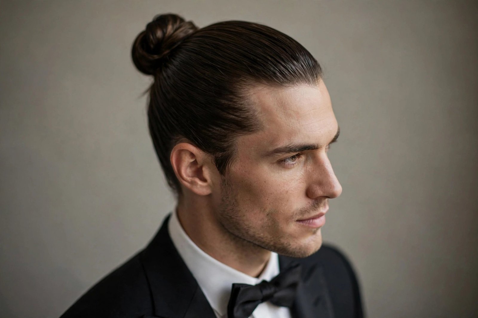 Formal top knot wedding hairstyle for men with slicked-back long hair