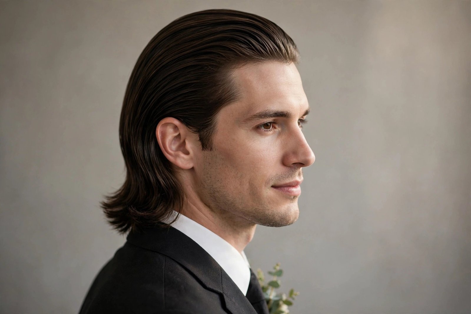 Shoulder-length slicked-back wedding hairstyle for men