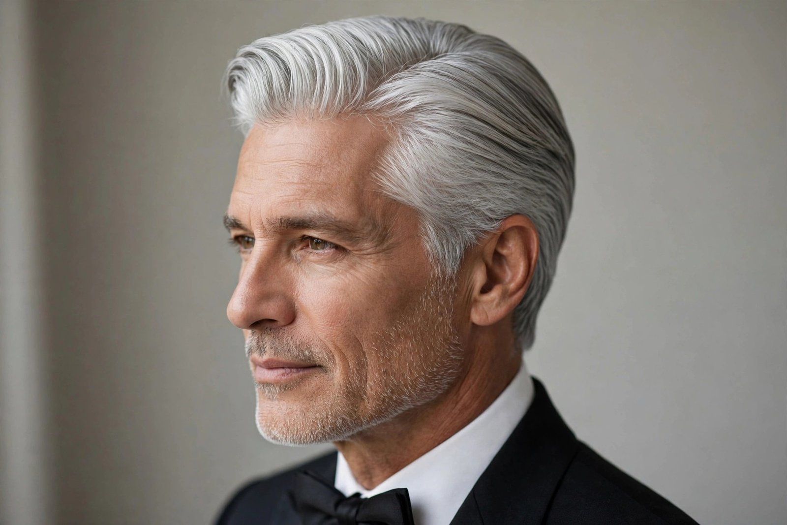 Distinguished silver fox wedding hairstyle for men with grey side-swept hair