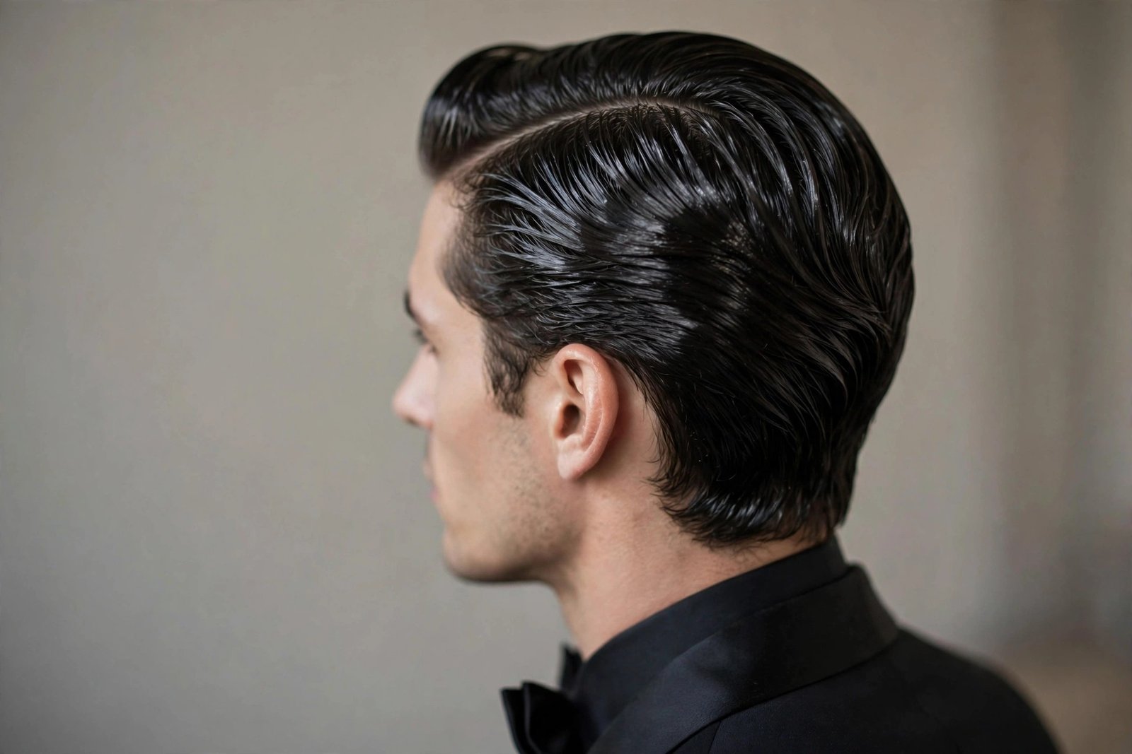 High-shine wet look wedding hairstyle for men with glossy sculpted finish