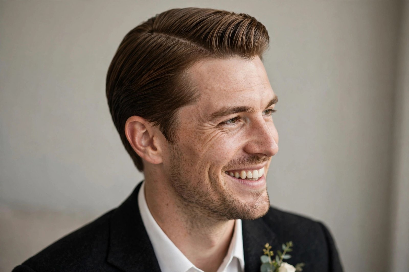 Smiling groom with immaculate classic wedding hairstyle