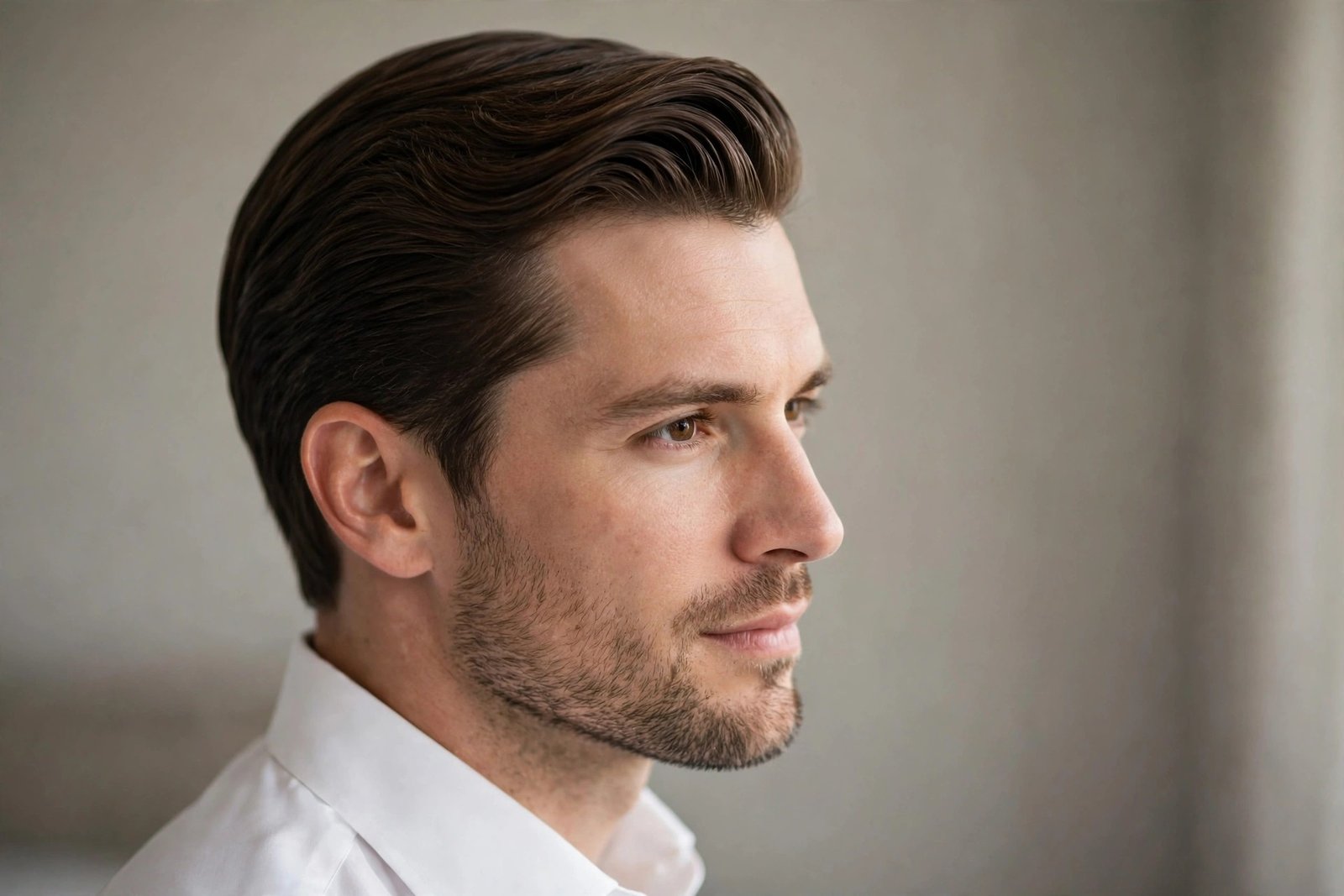 Groom checking his polished wedding hairstyle in a mirror