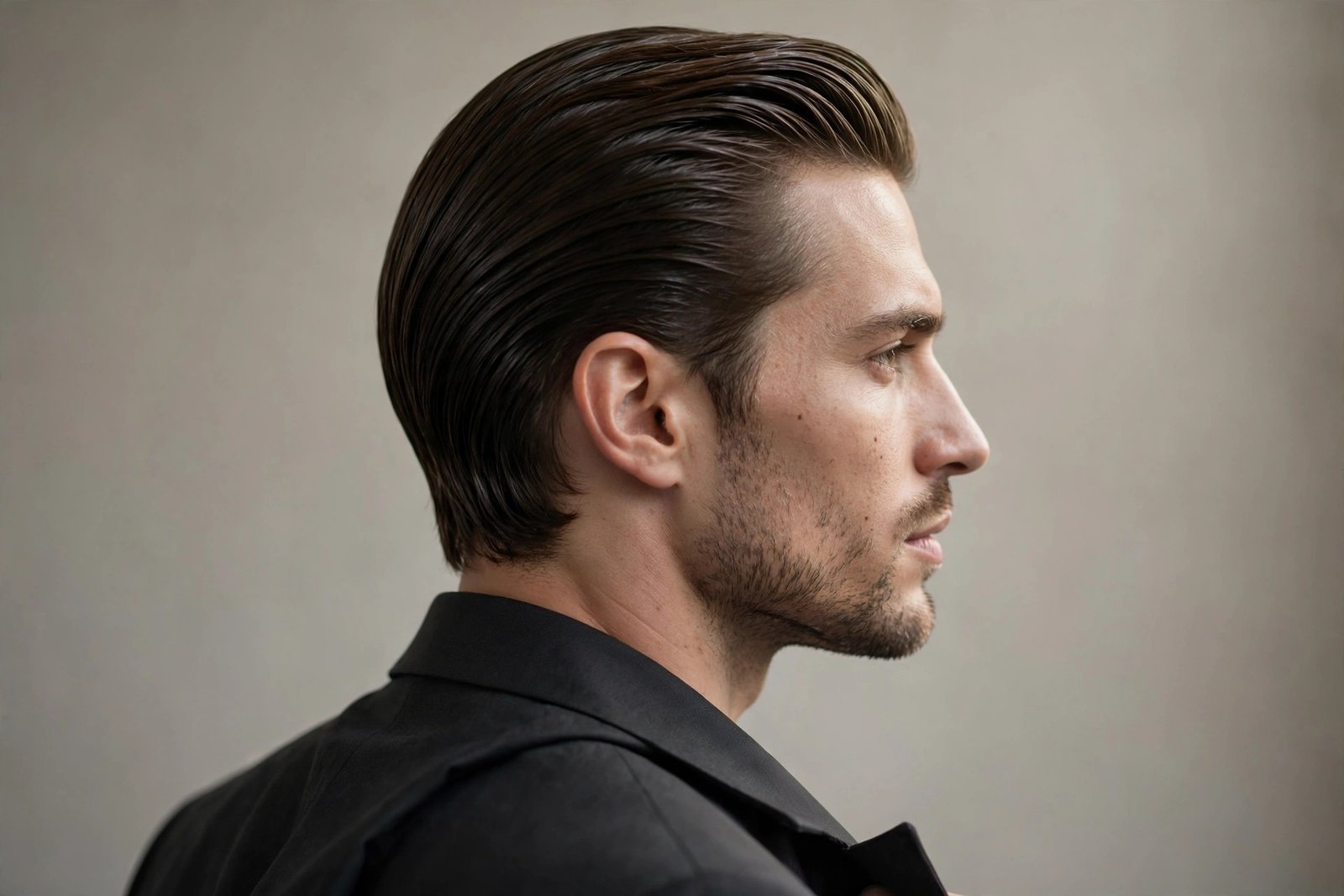 Groom with sleek slicked-back wedding hair, elegant formal style