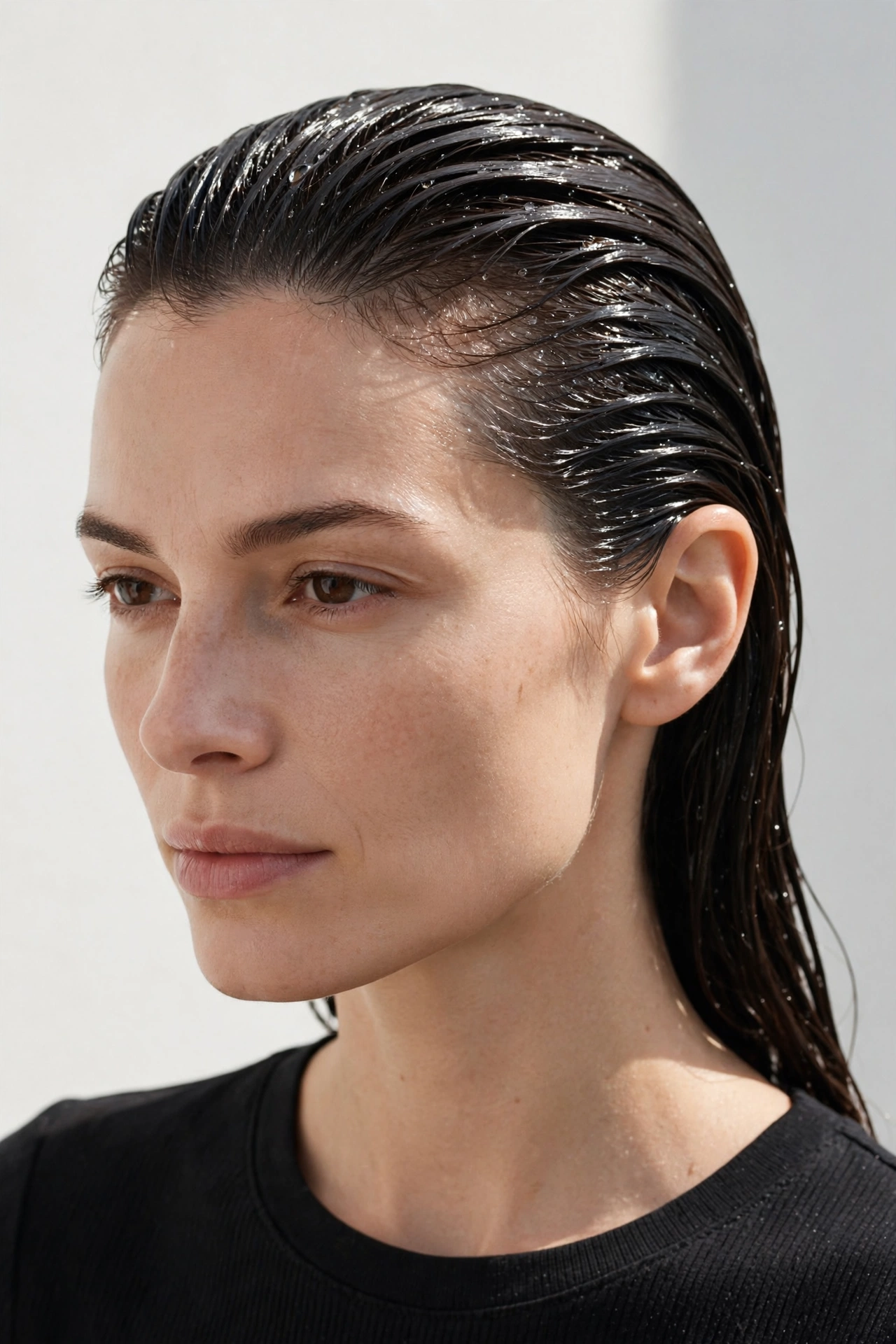 Woman with slicked-back glossy wet look hair, premium editorial beauty photography, clean neutral background
