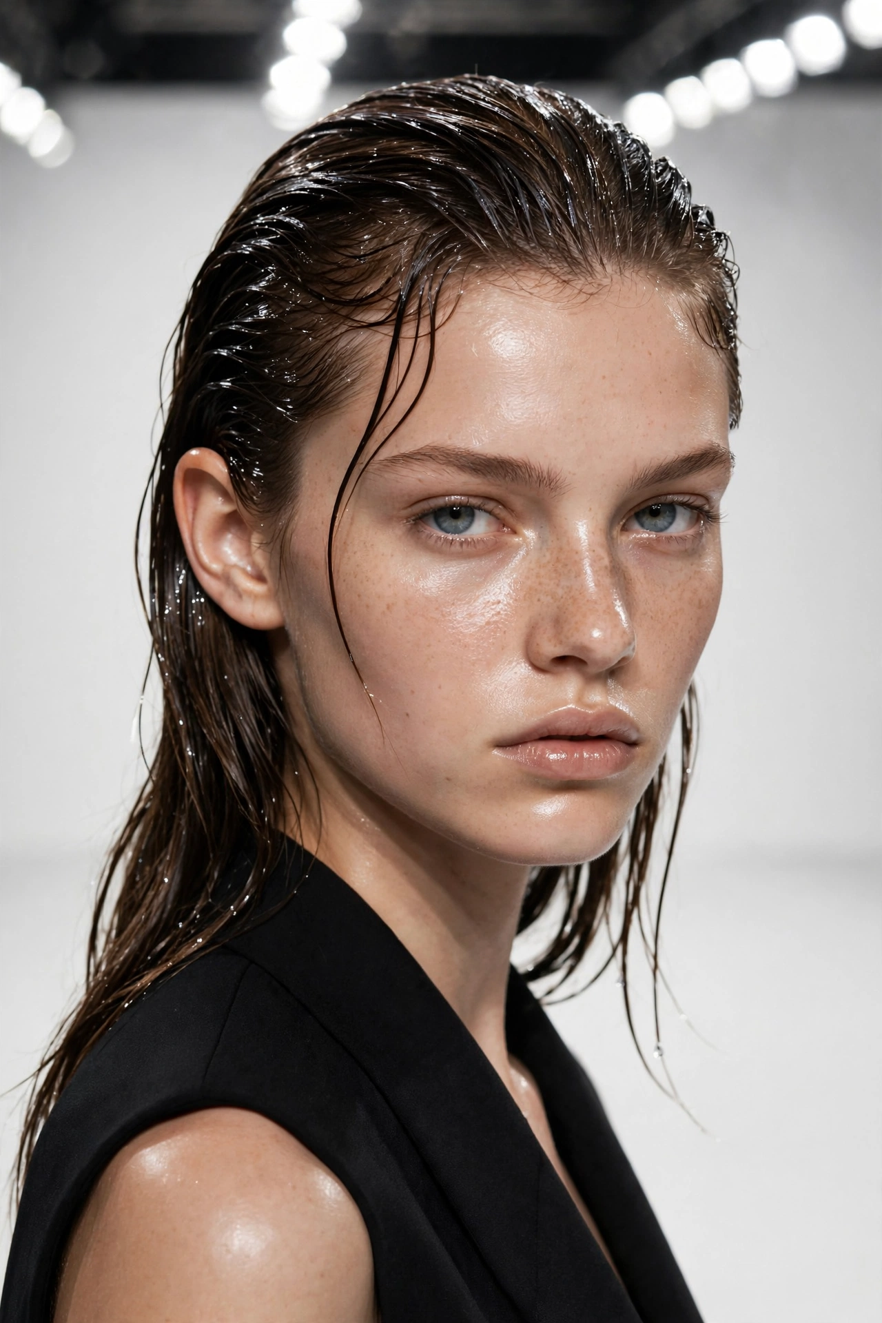 Fashion runway model with wet look hairstyle under bright runway lights, editorial photography