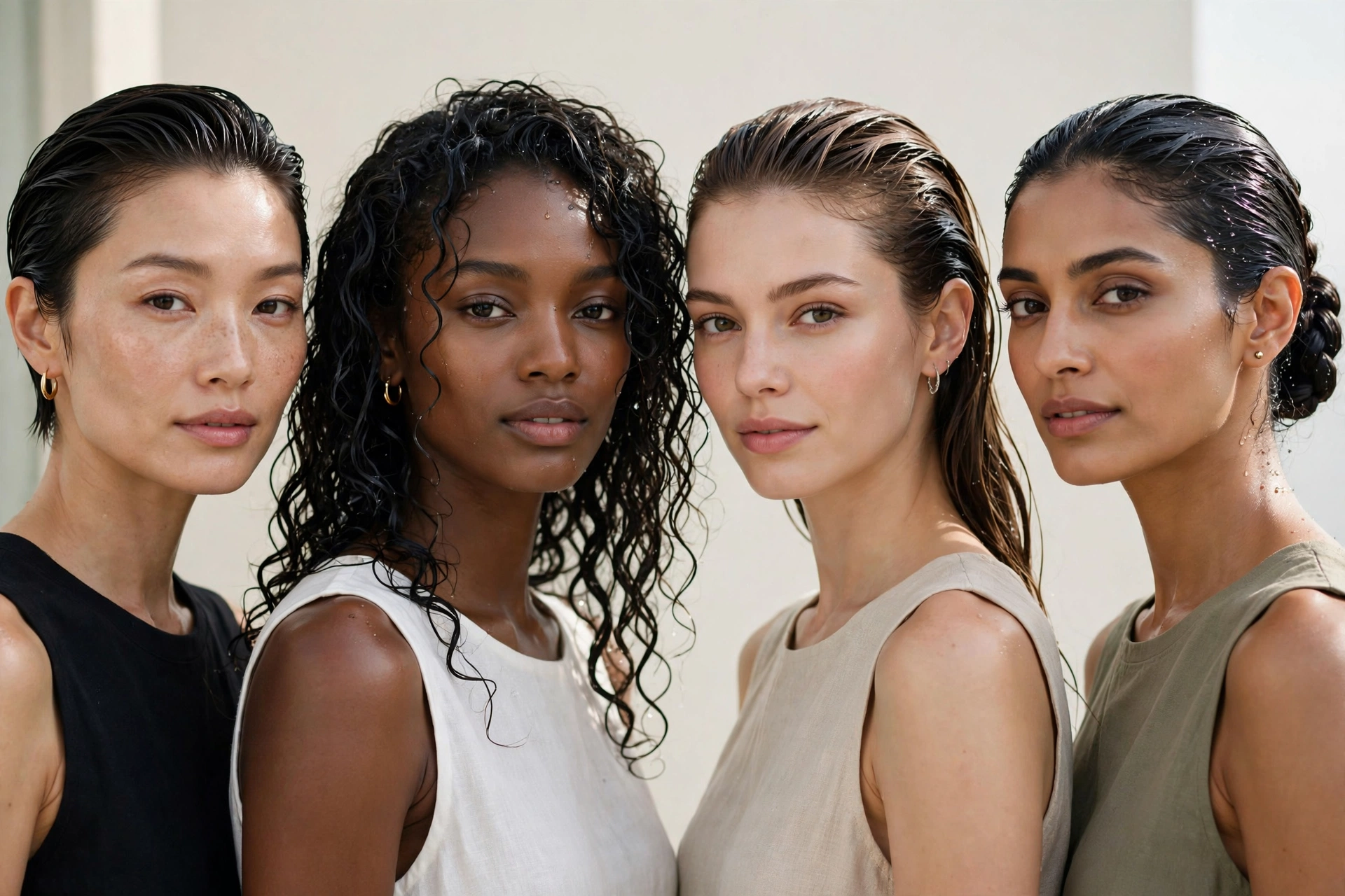 Collage-style arrangement showing multiple women with different wet look hairstyles, editorial beauty photography