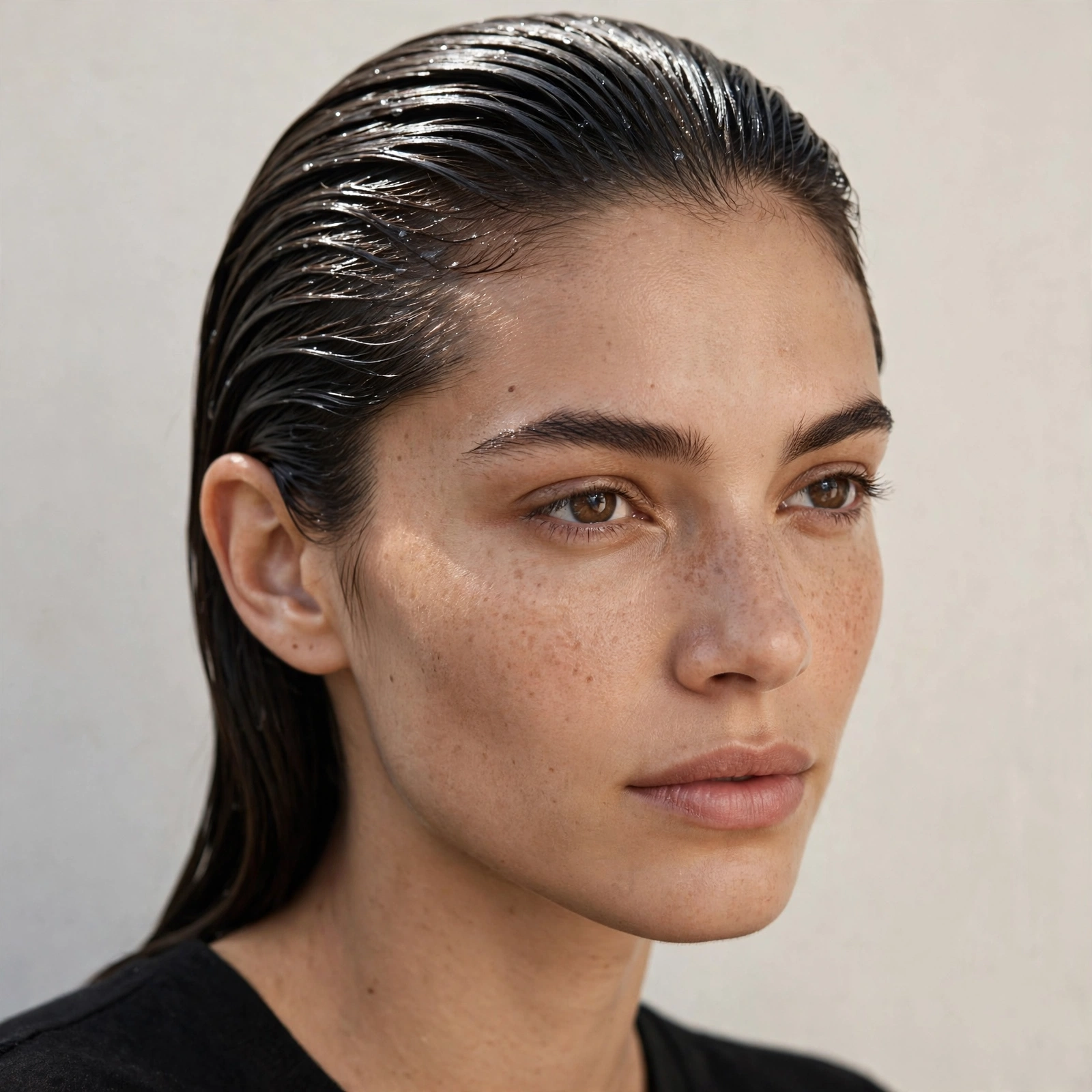 Woman with hair slicked straight back in glossy wet finish, close editorial portrait