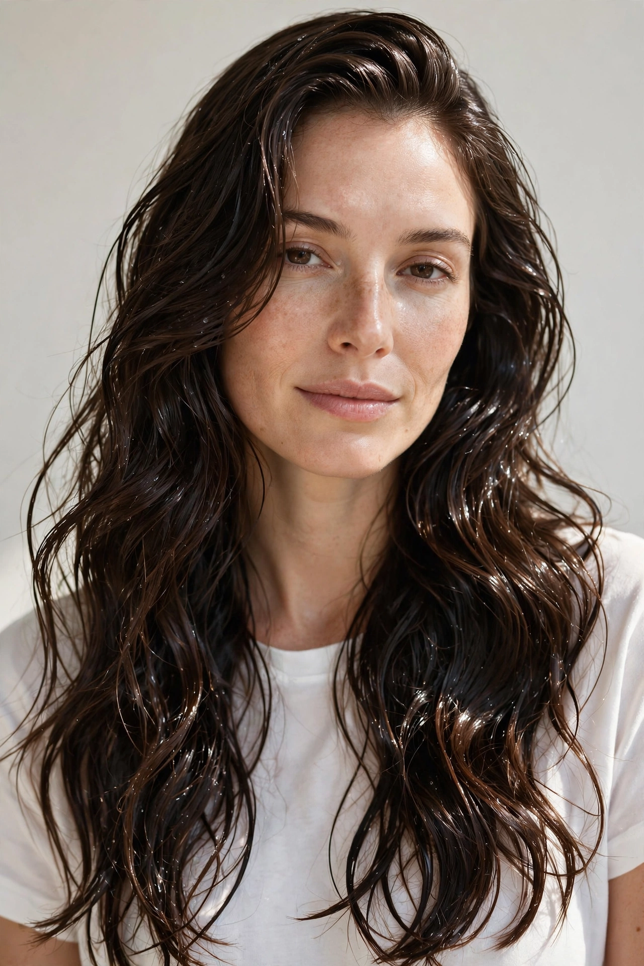 Woman with loose glossy wet waves flowing over shoulders, natural light photography