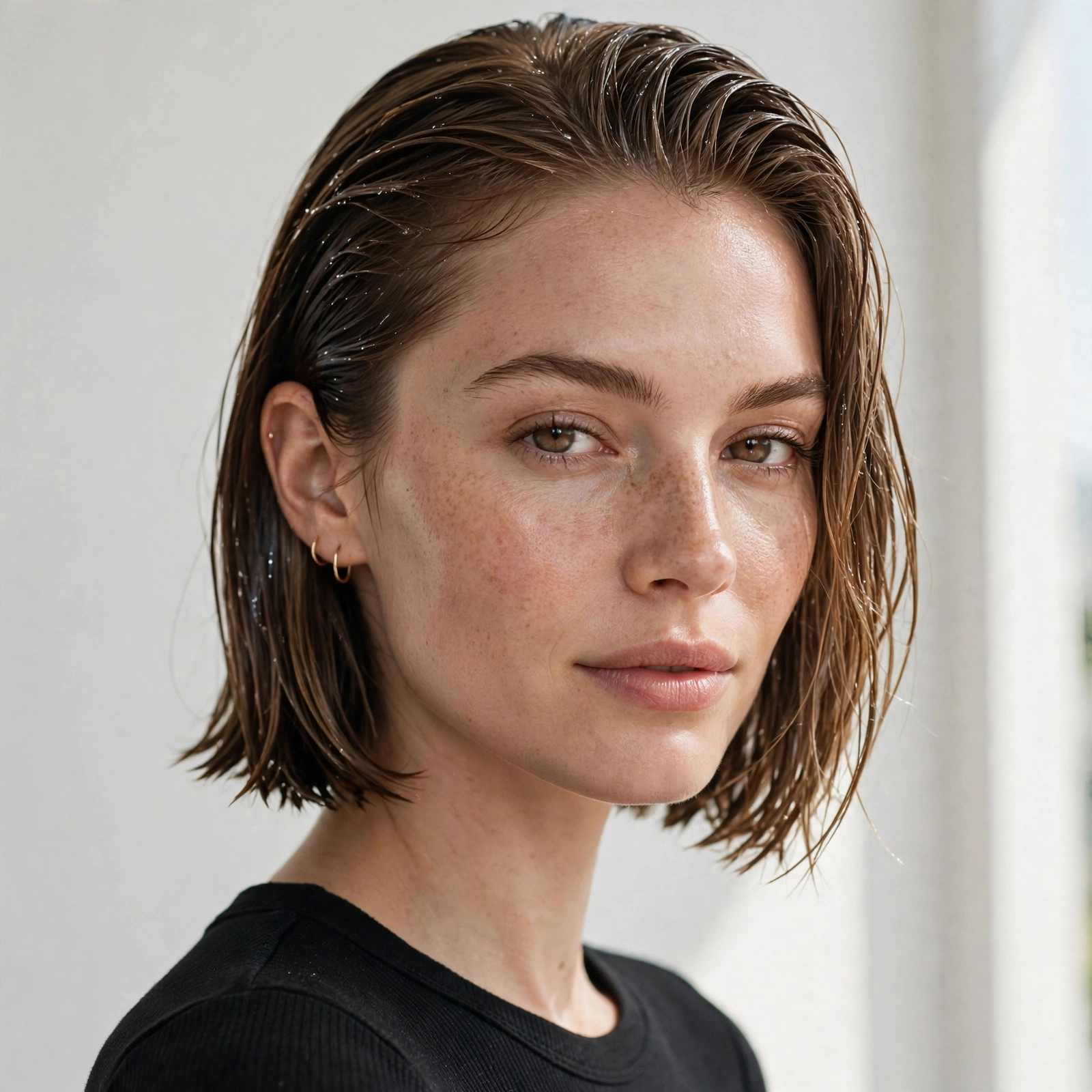 Woman with chin-length bob in sleek wet glossy finish, beauty portrait