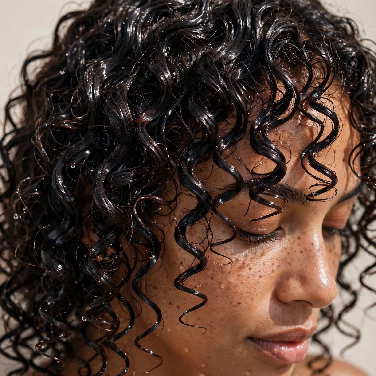 Woman with defined glossy wet curls, close-up beauty photography showing curl definition