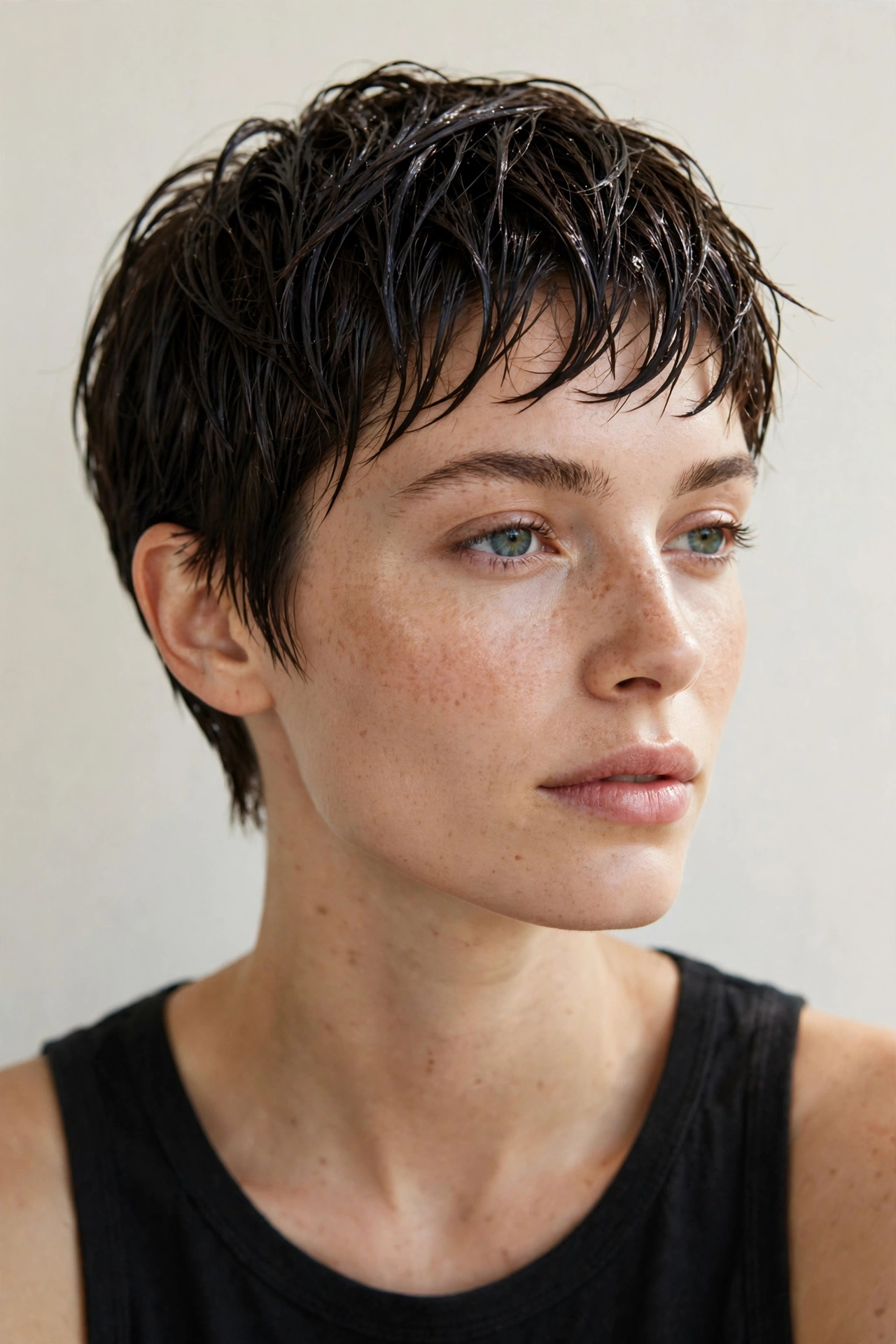 Woman with textured pixie cut in wet glossy finish, editorial portrait