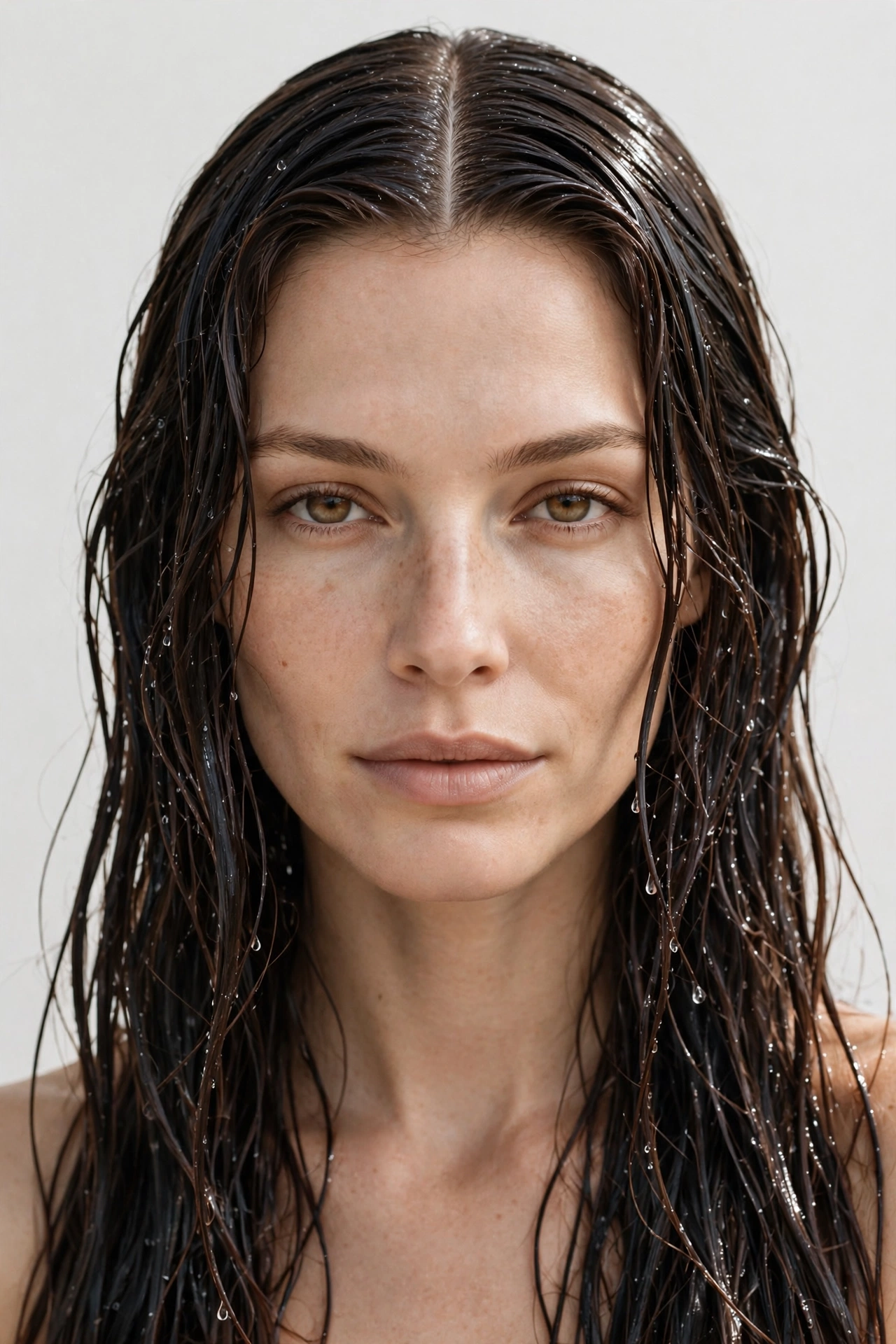 Woman with long hair in wet finish and sharp center part, front-facing beauty portrait