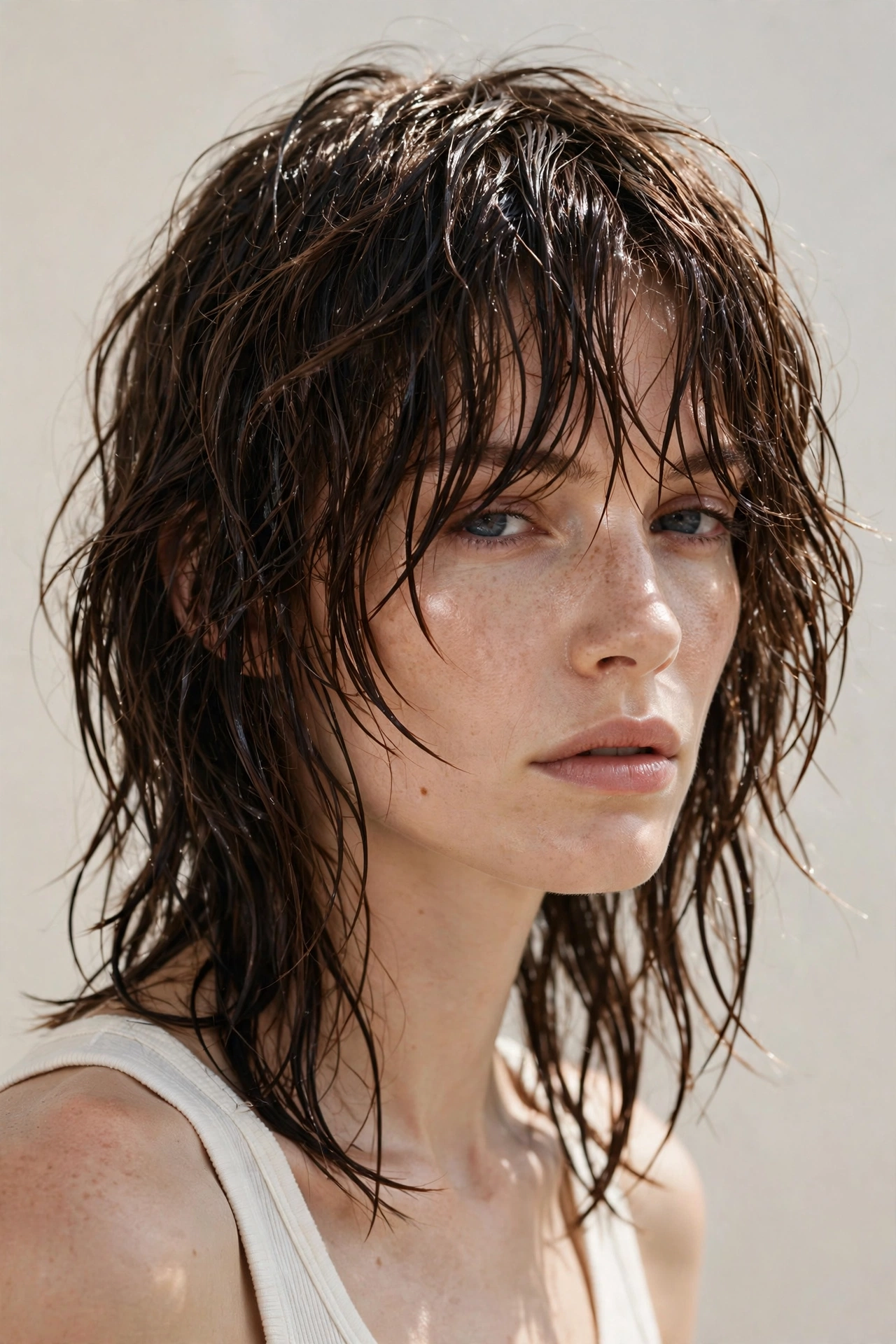 Woman with shaggy layered haircut in wet tousled glossy finish, fashion editorial photography