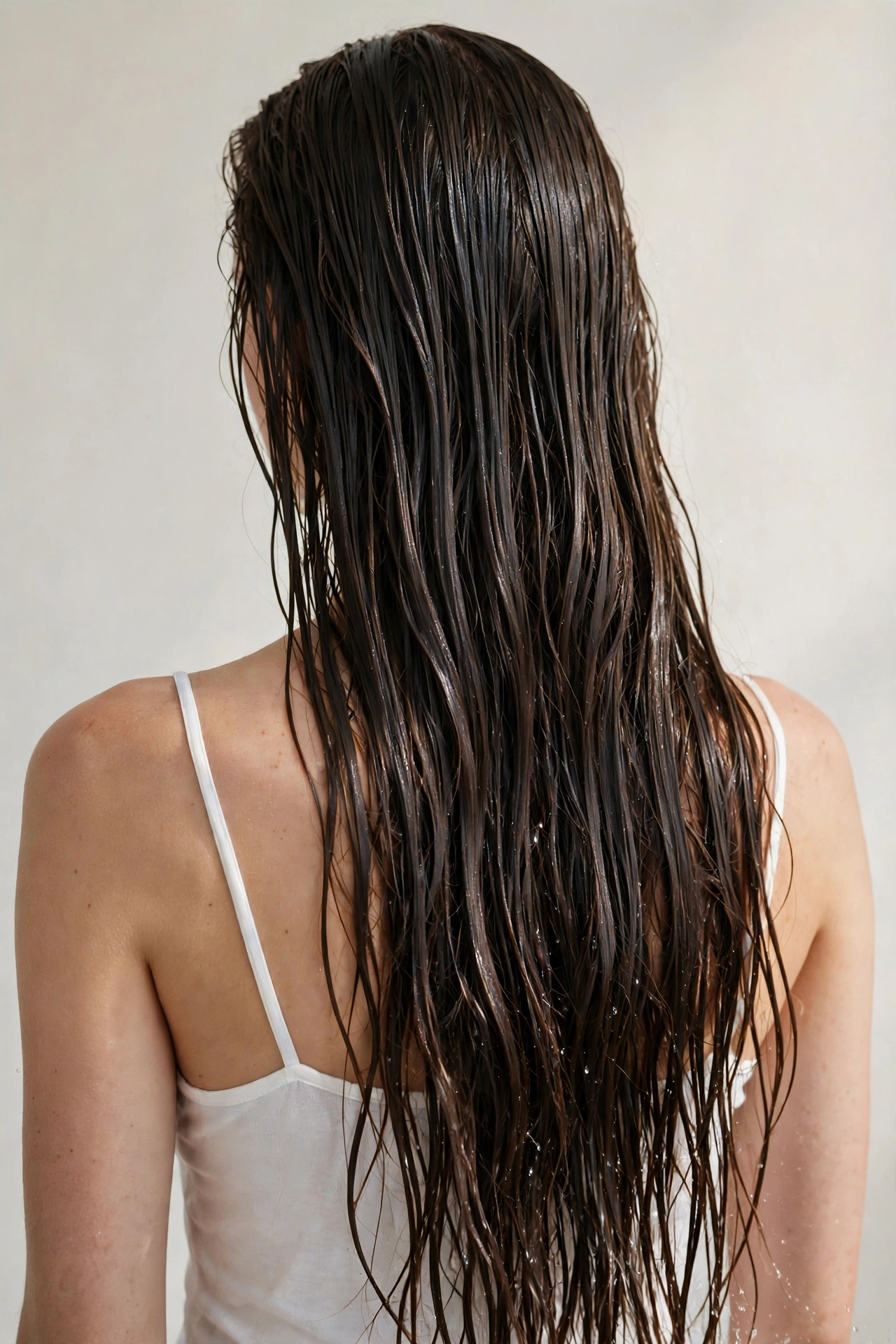 Woman with very long hair in wet glossy finish cascading down, back-view photography