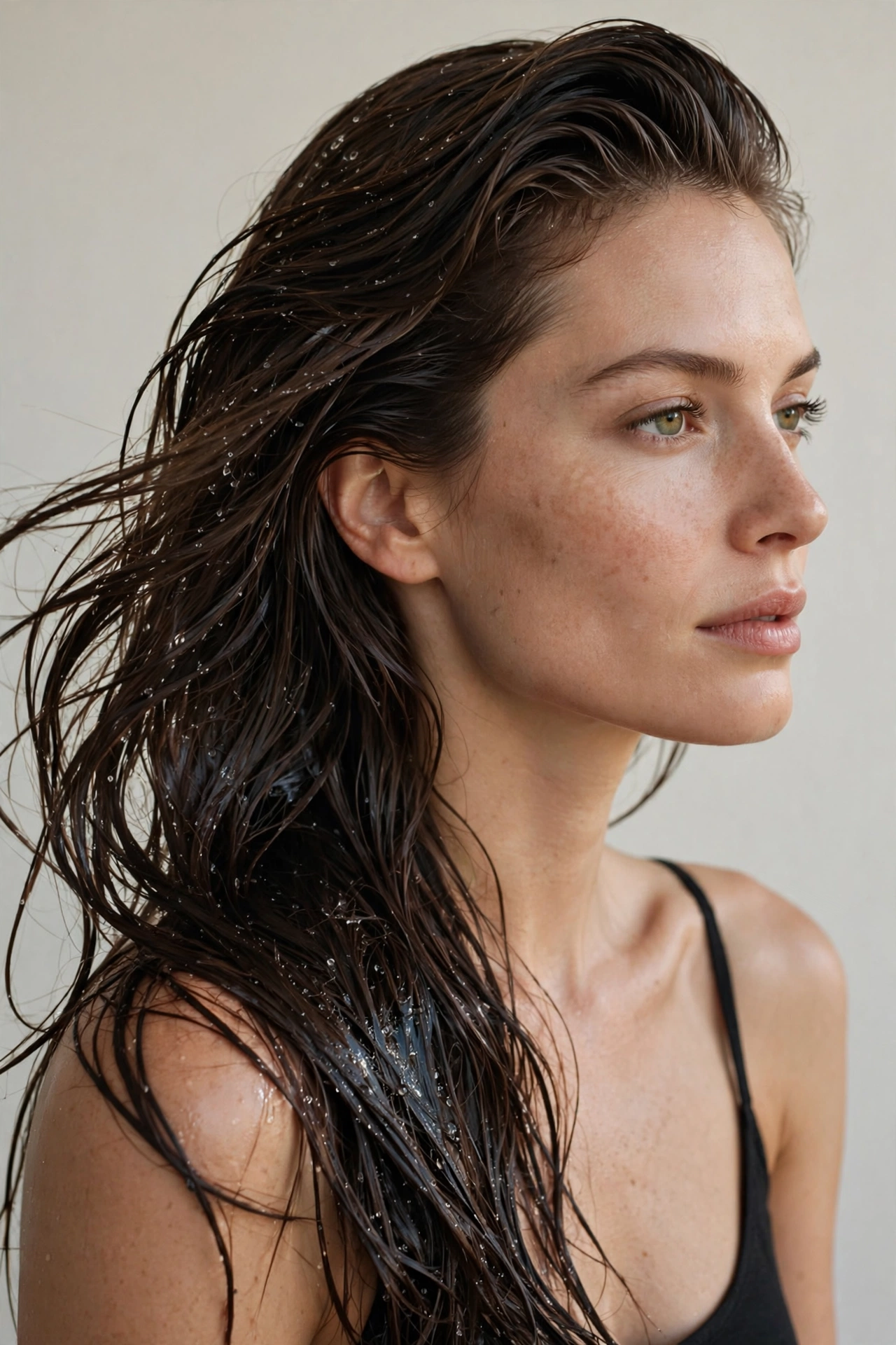 Woman with hair swept to one side in glossy wet finish, three-quarter beauty portrait