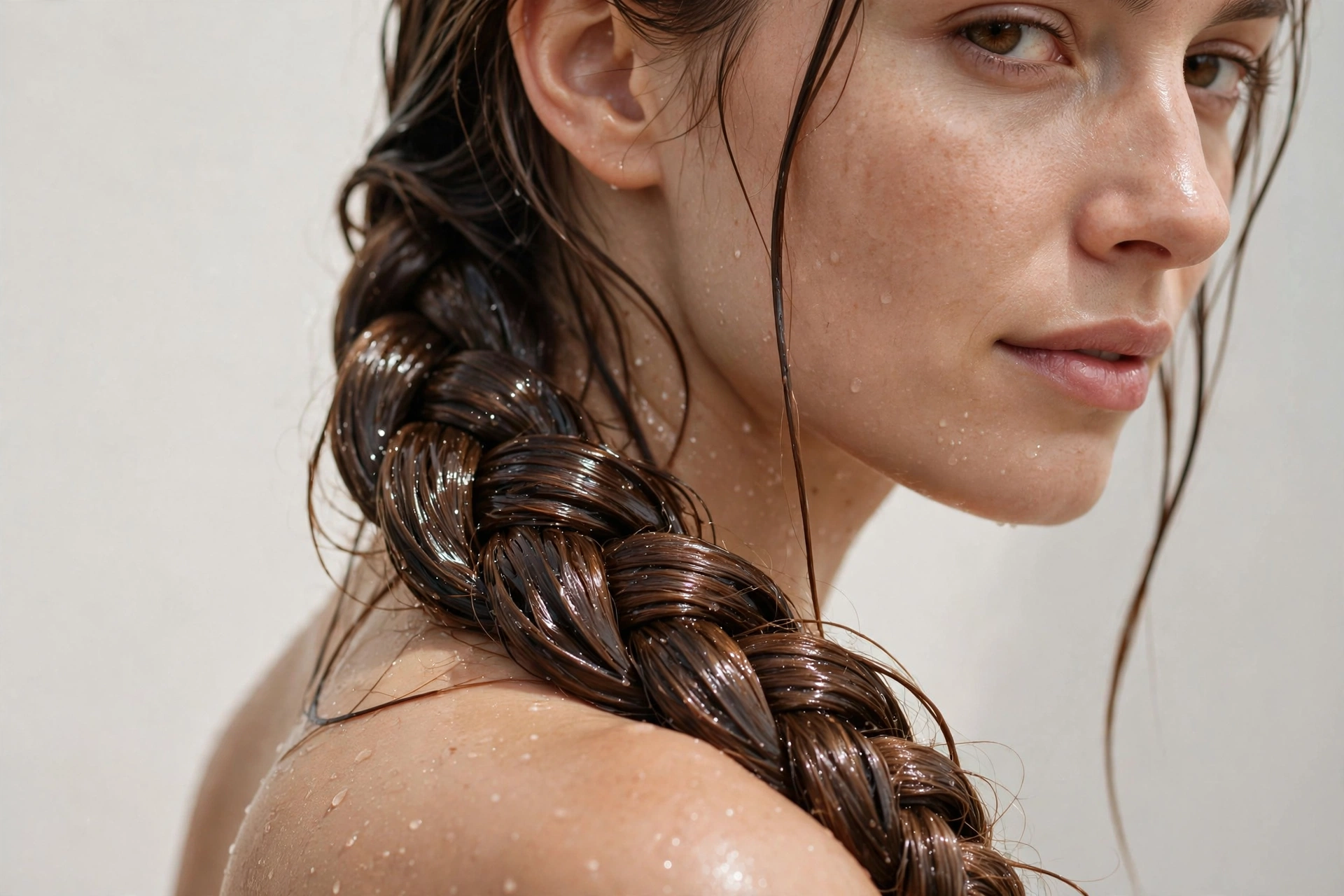 Woman with glossy wet-finish braid over shoulder, detailed close-up photography