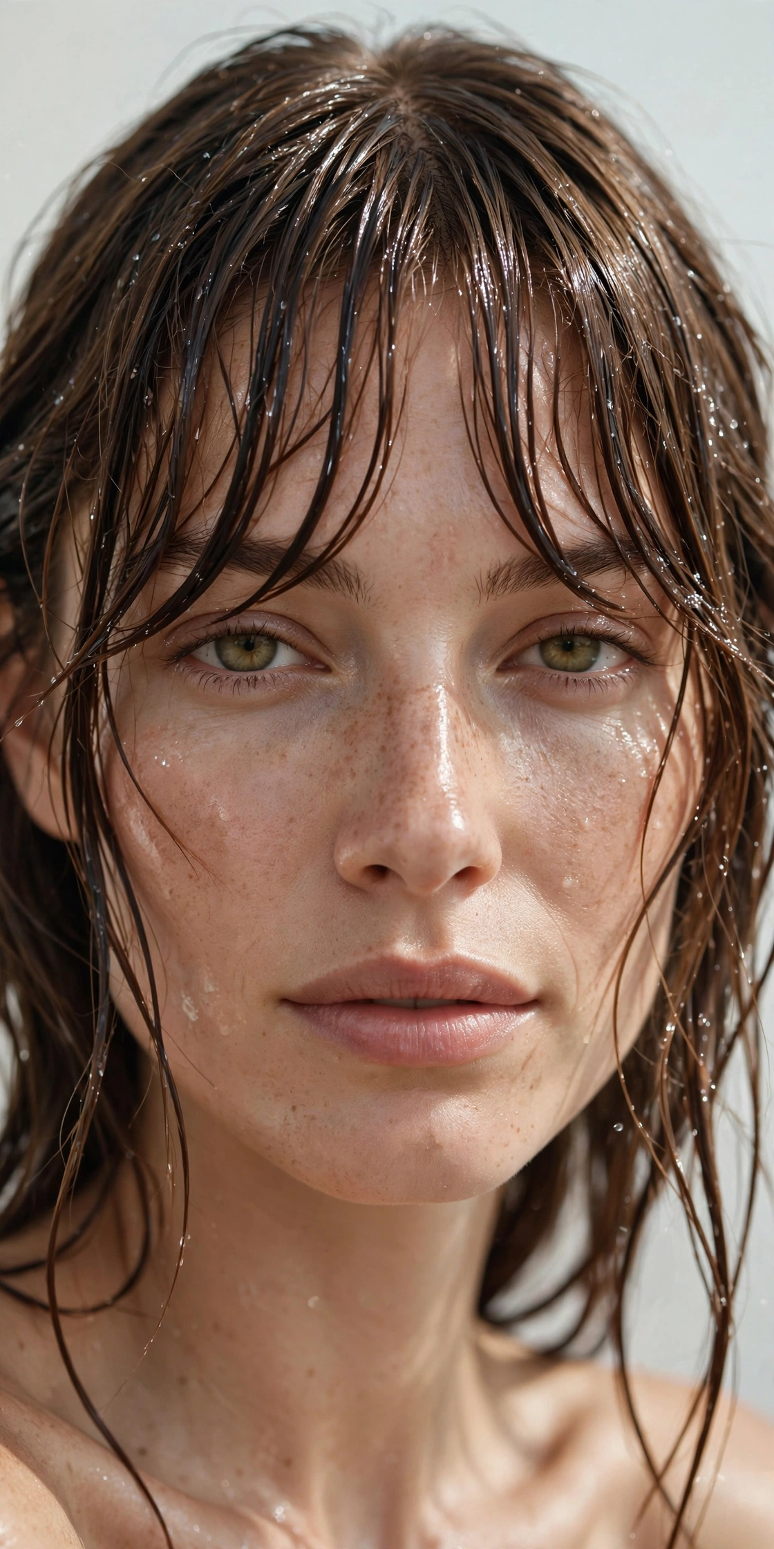 Woman with curtain bangs in wet glossy finish, close beauty portrait focusing on fringe
