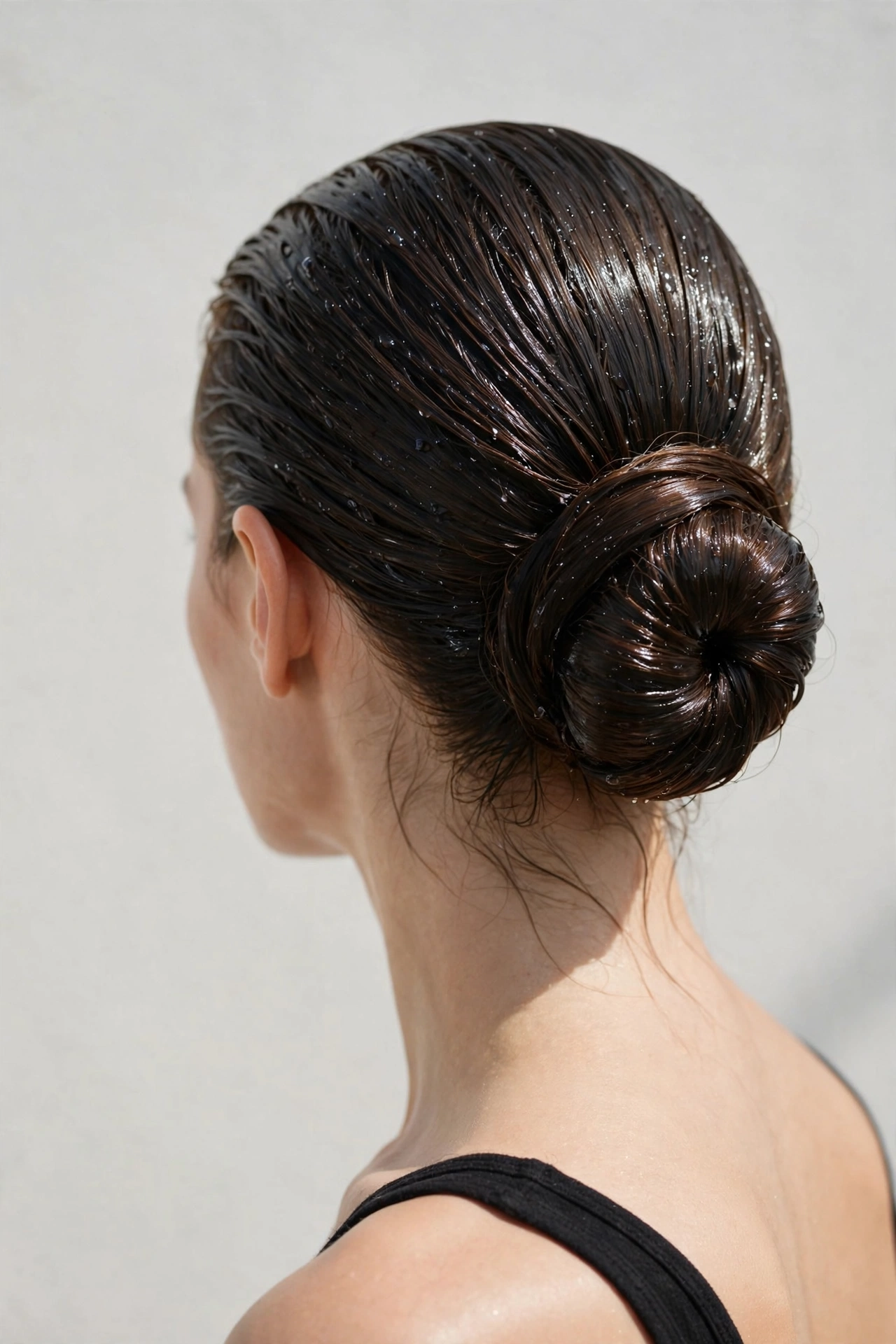 Woman with low chignon bun in wet glossy finish, elegant back-view photography