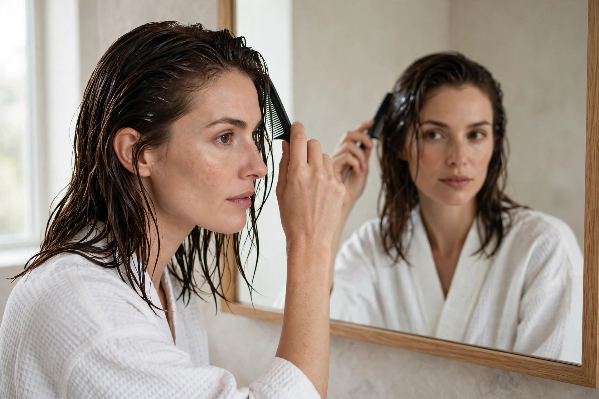 Woman styling her damp hair with comb and gel in bathroom mirror, lifestyle photography