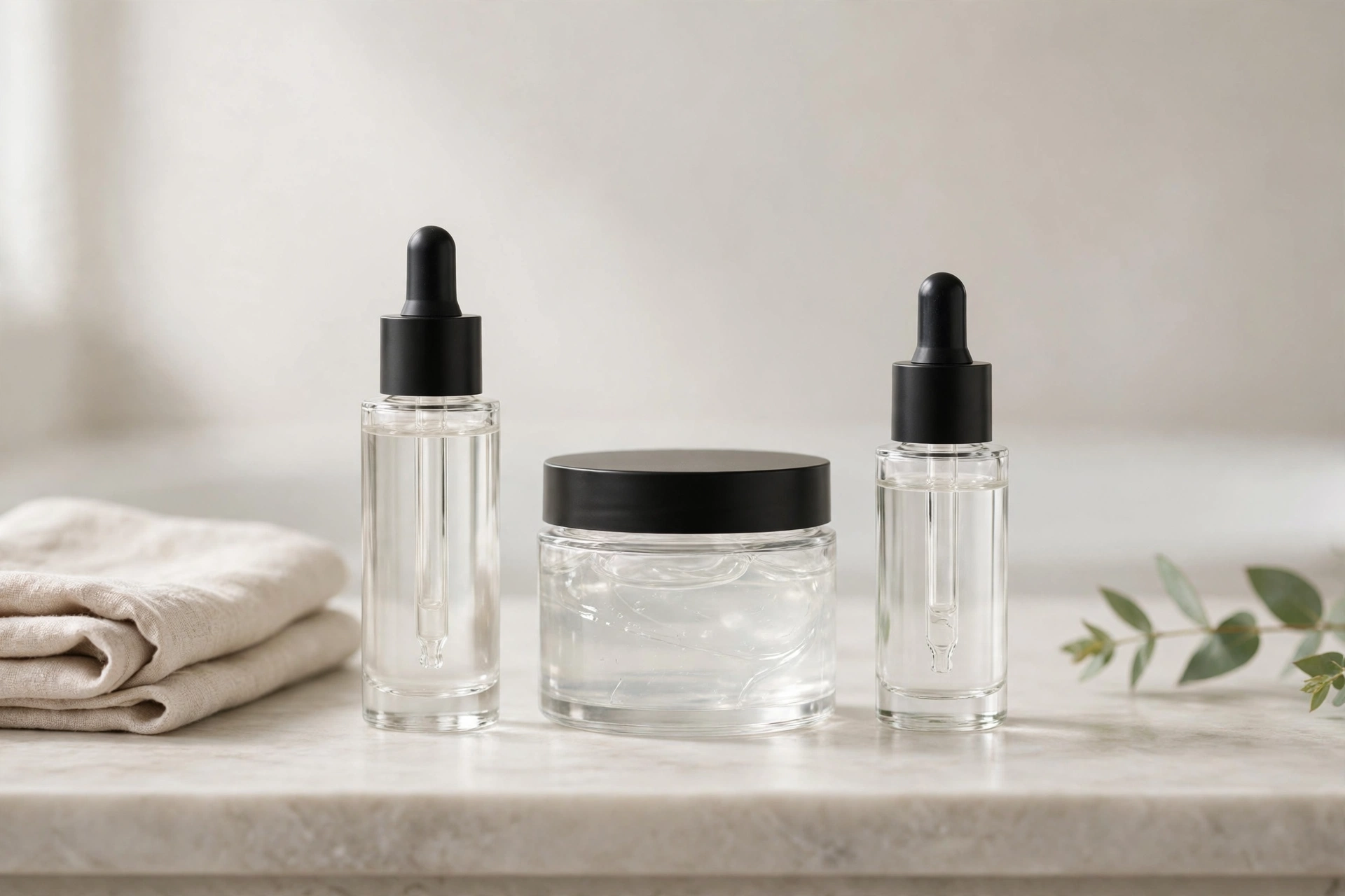 Hair styling products arranged on clean bathroom counter, gel jar and serum bottles, product photography without text