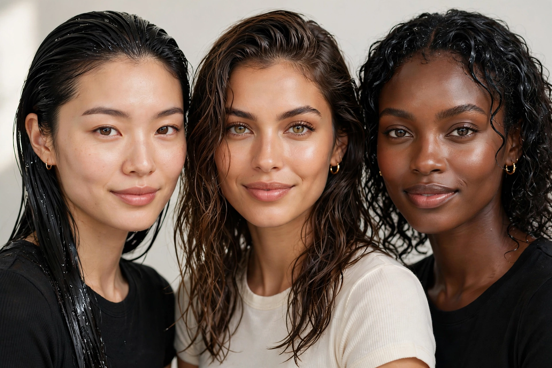 Three diverse women with different hair textures all wearing wet look hairstyles, beauty photography