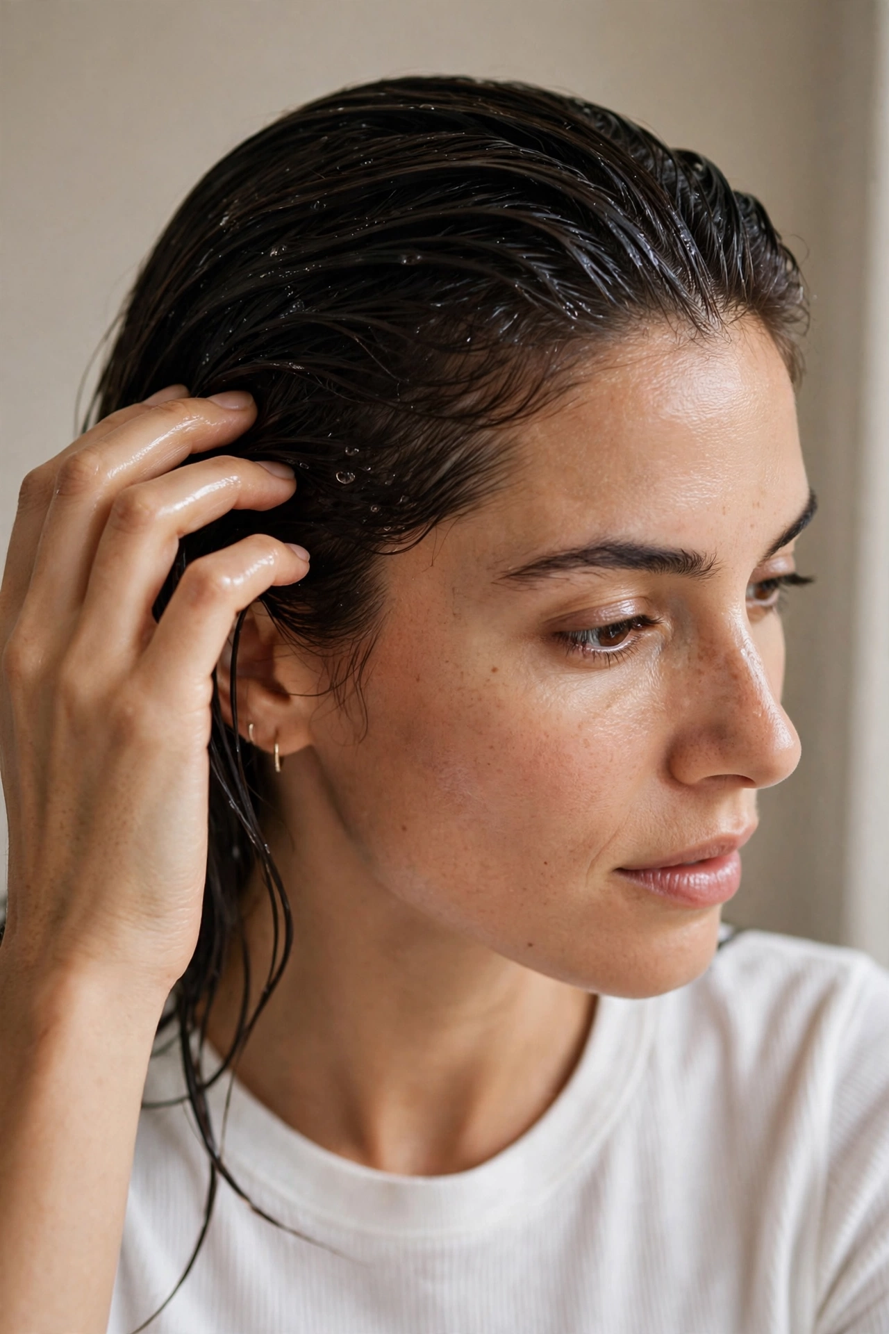 Woman touching up her sleek wet hairstyle with fingers, candid lifestyle photography
