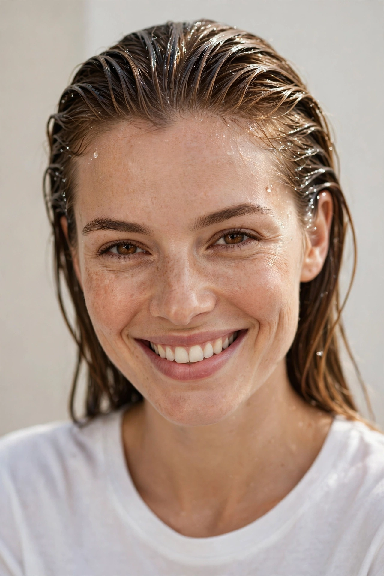 Woman with glossy wet look hair smiling at camera, friendly beauty portrait