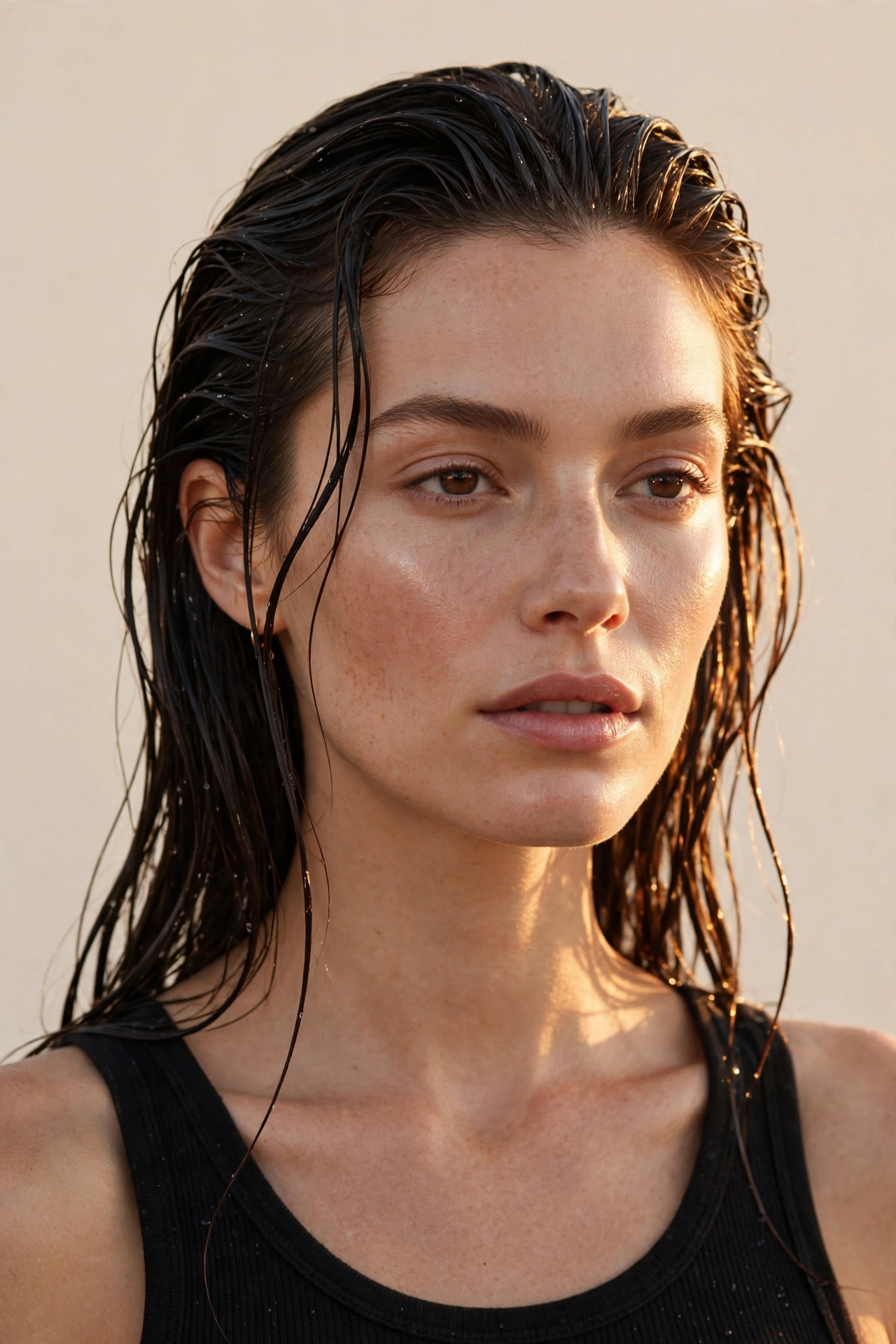 Woman with stunning wet look hairstyle in golden hour light, cinematic beauty photography