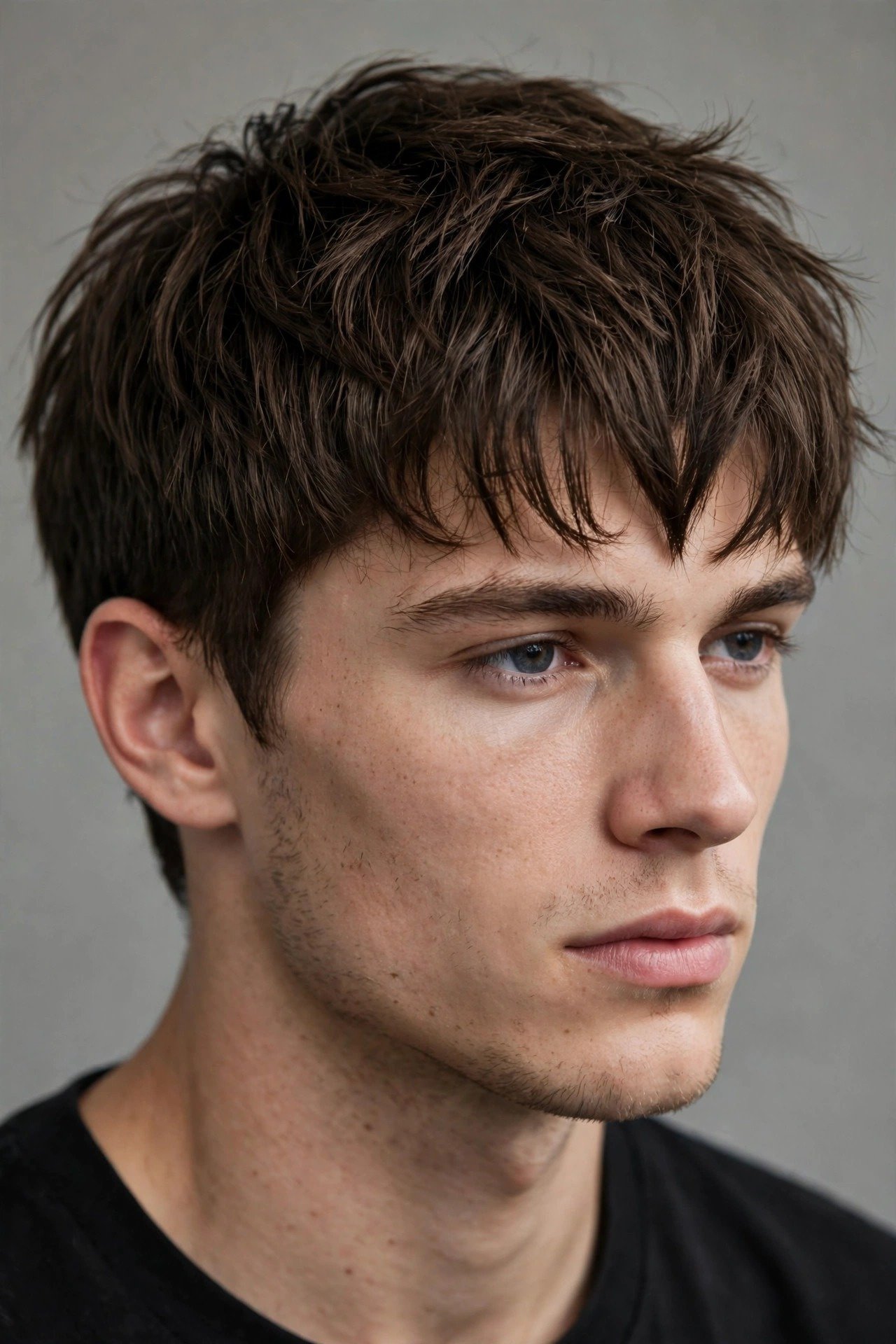 Textured fringe haircut on man with widow's peak, forward falling fringe softening the V hairline
