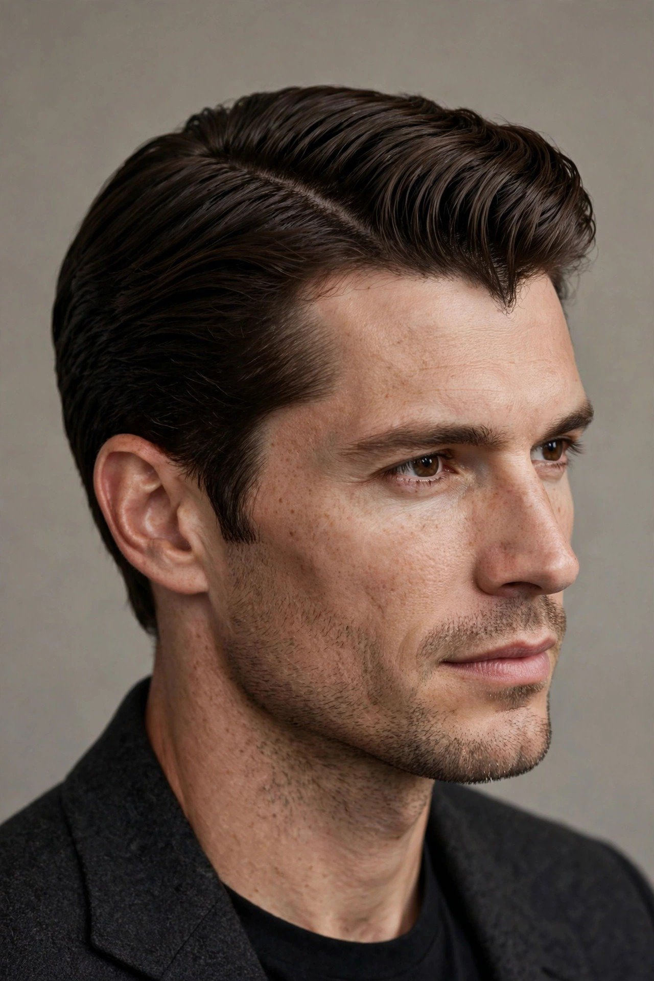 Deep side part haircut on man with widow's peak, classic part incorporating the hairline