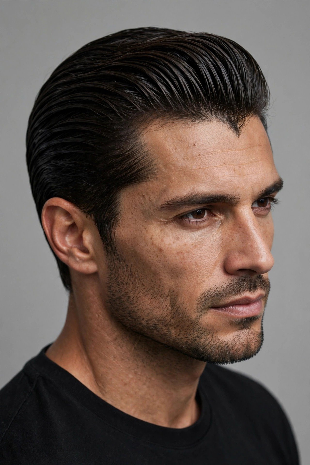 Slicked back hairstyle on man with widow's peak, V hairline as a sharp deliberate feature