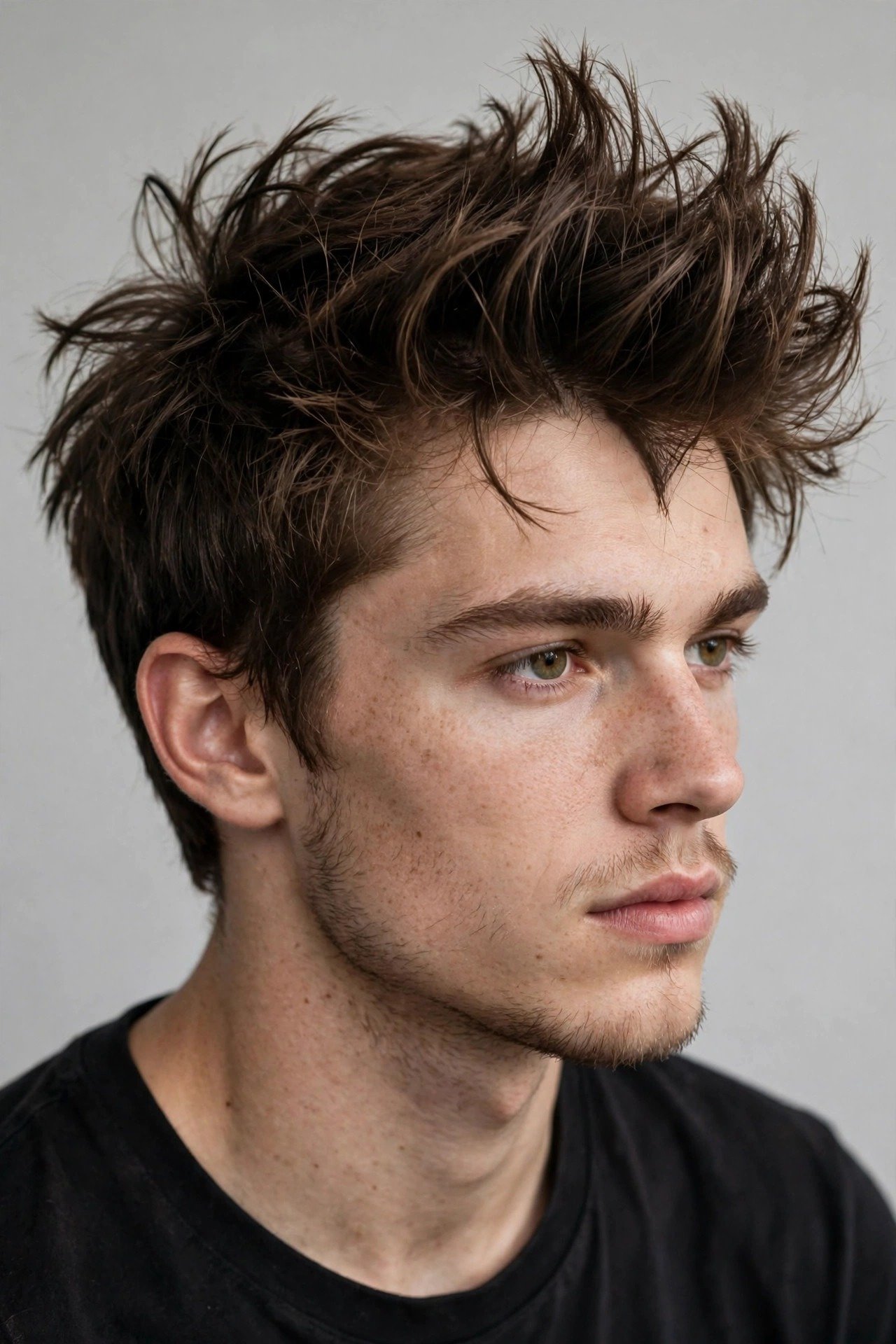 Messy quiff haircut on man with widow's peak, textured lift softening the hairline